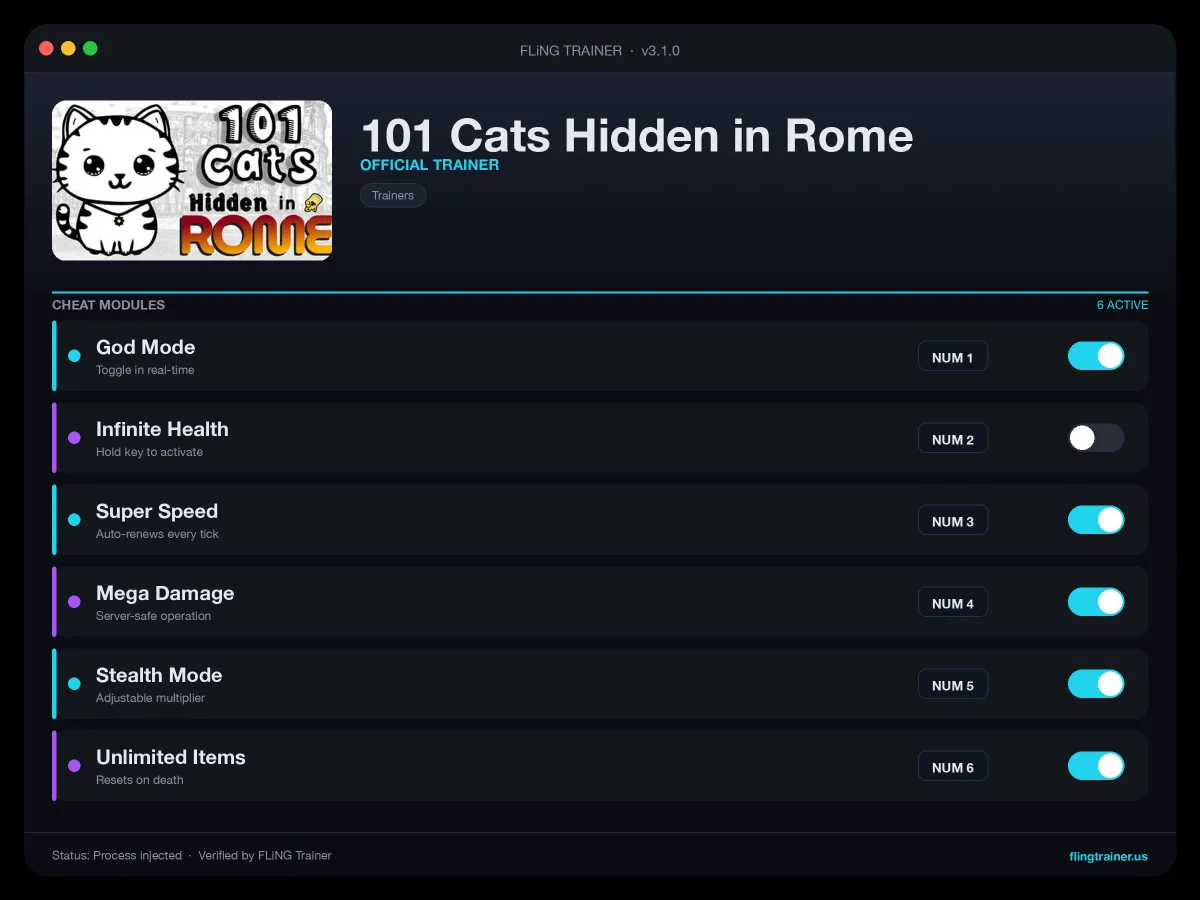 101 Cats Hidden in Rome Trainer interface