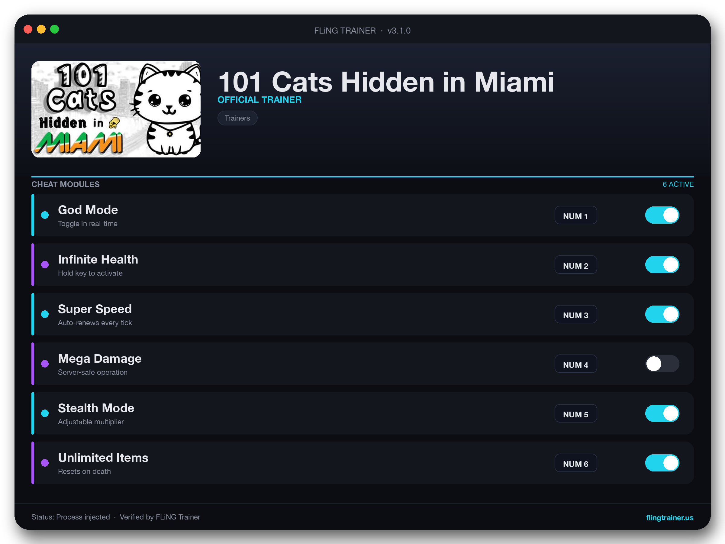 101 Cats Hidden in Miami Trainer interface