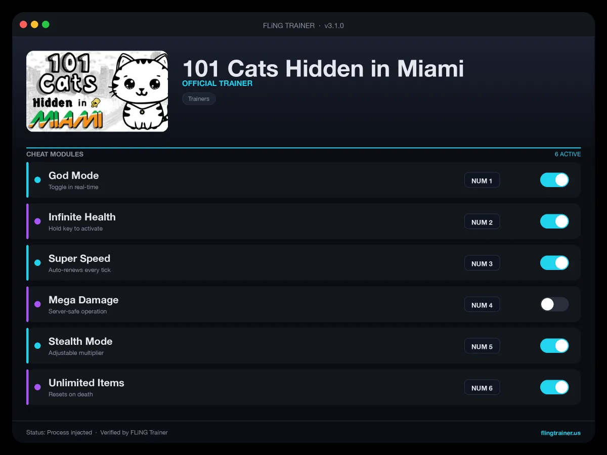101 Cats Hidden in Miami Trainer interface