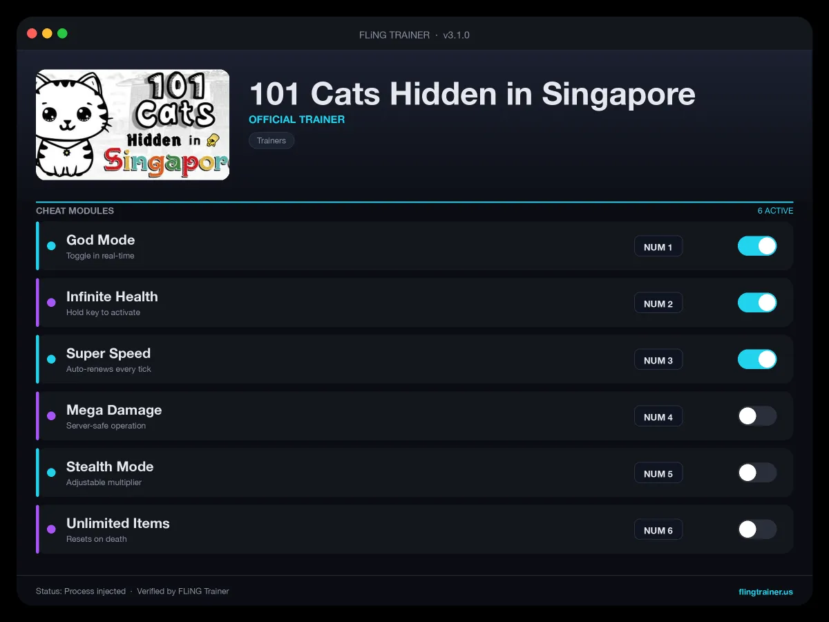 101 Cats Hidden in Singapore Trainer interface