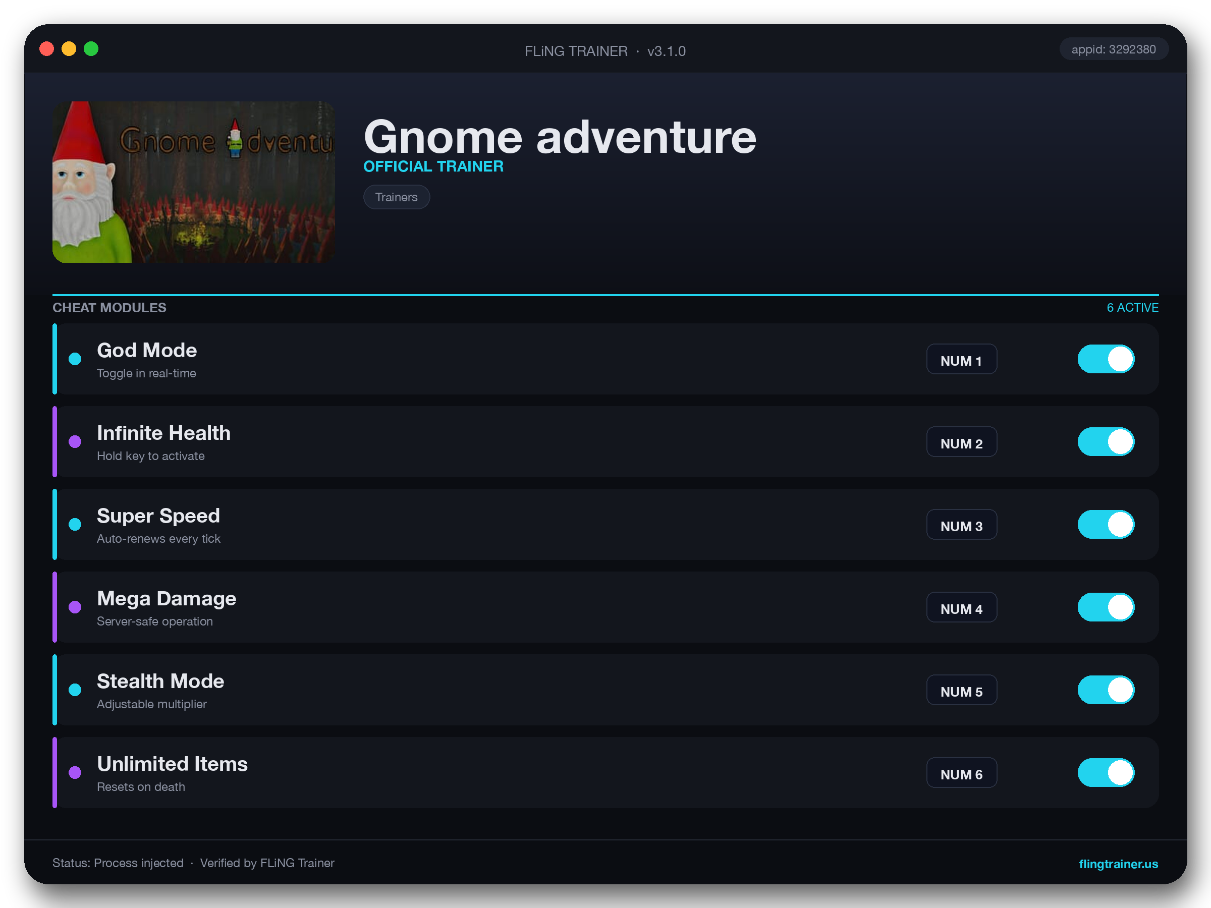 Gnome adventure Trainer interface