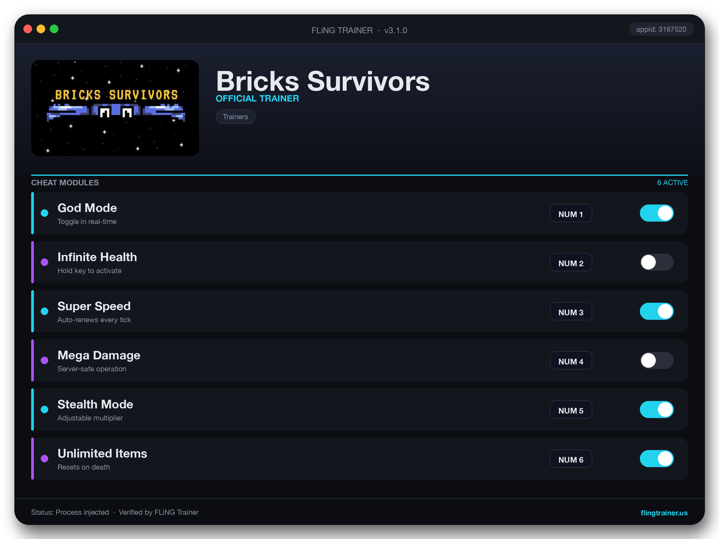 Bricks Survivors Trainer interface