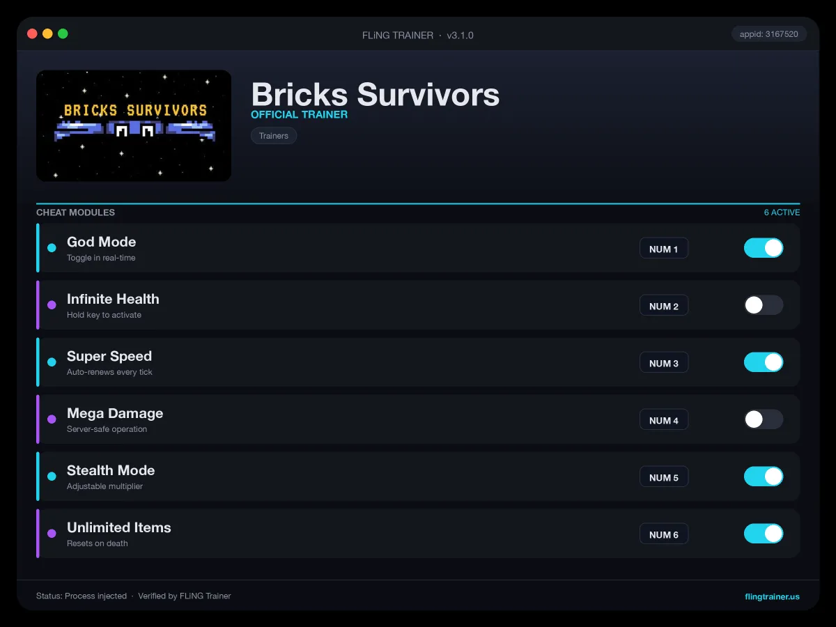 Bricks Survivors Trainer interface