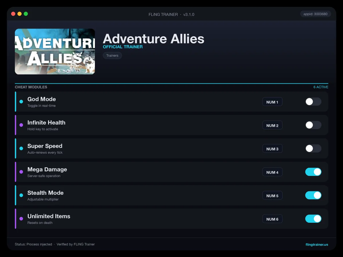 Adventure Allies Trainer interface
