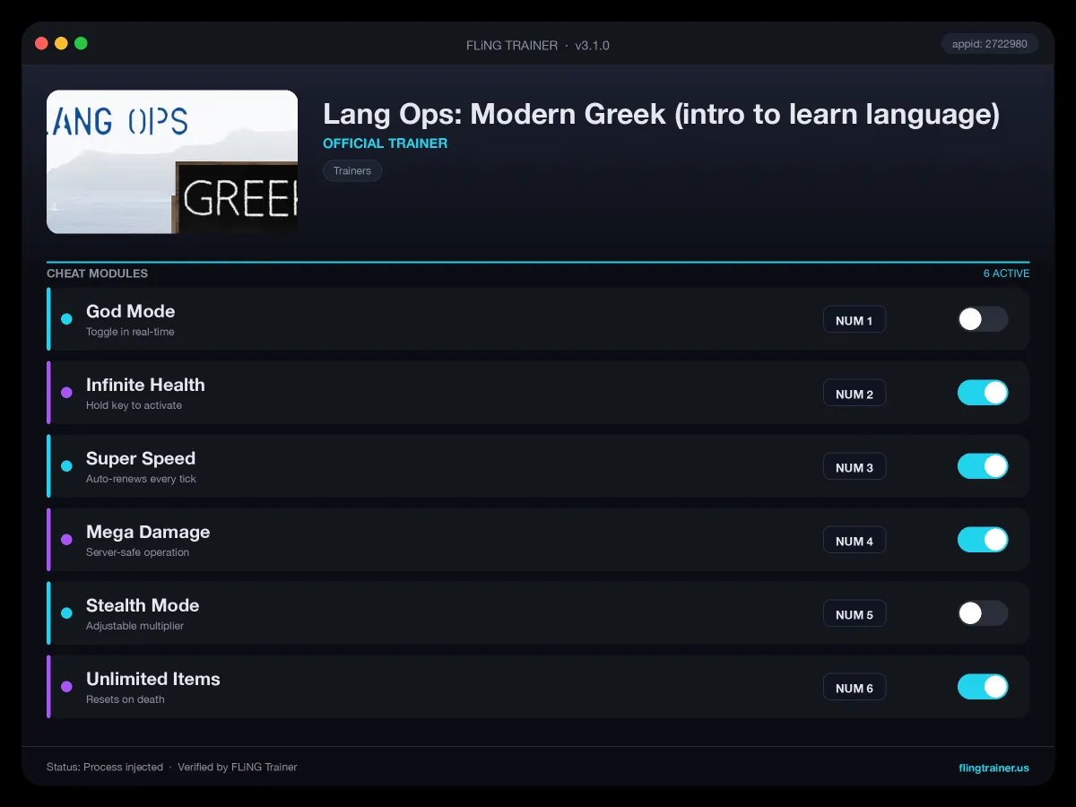 Lang Ops: Modern Greek (intro to learn language) Trainer interface