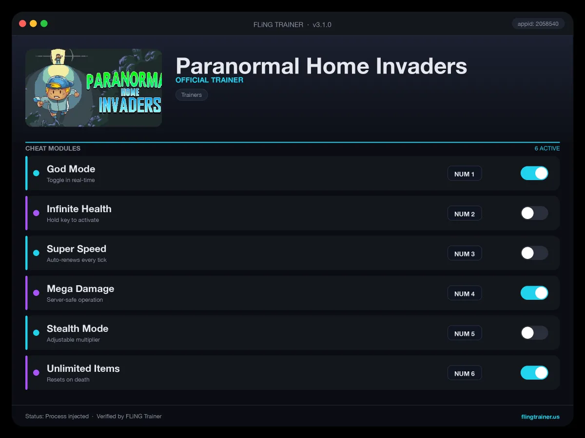 Paranormal Home Invaders Trainer interface