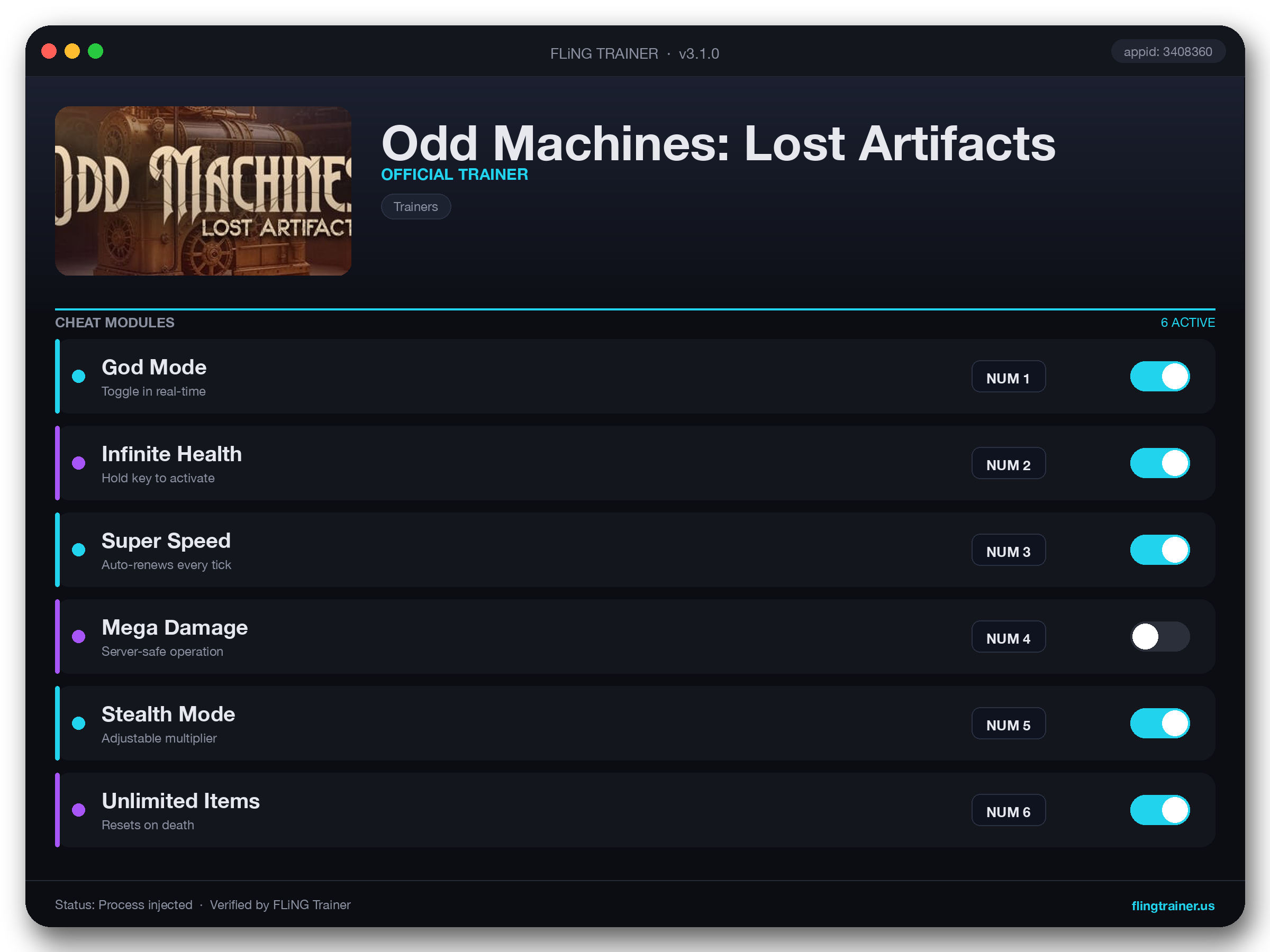 Odd Machines: Lost Artifacts Trainer interface