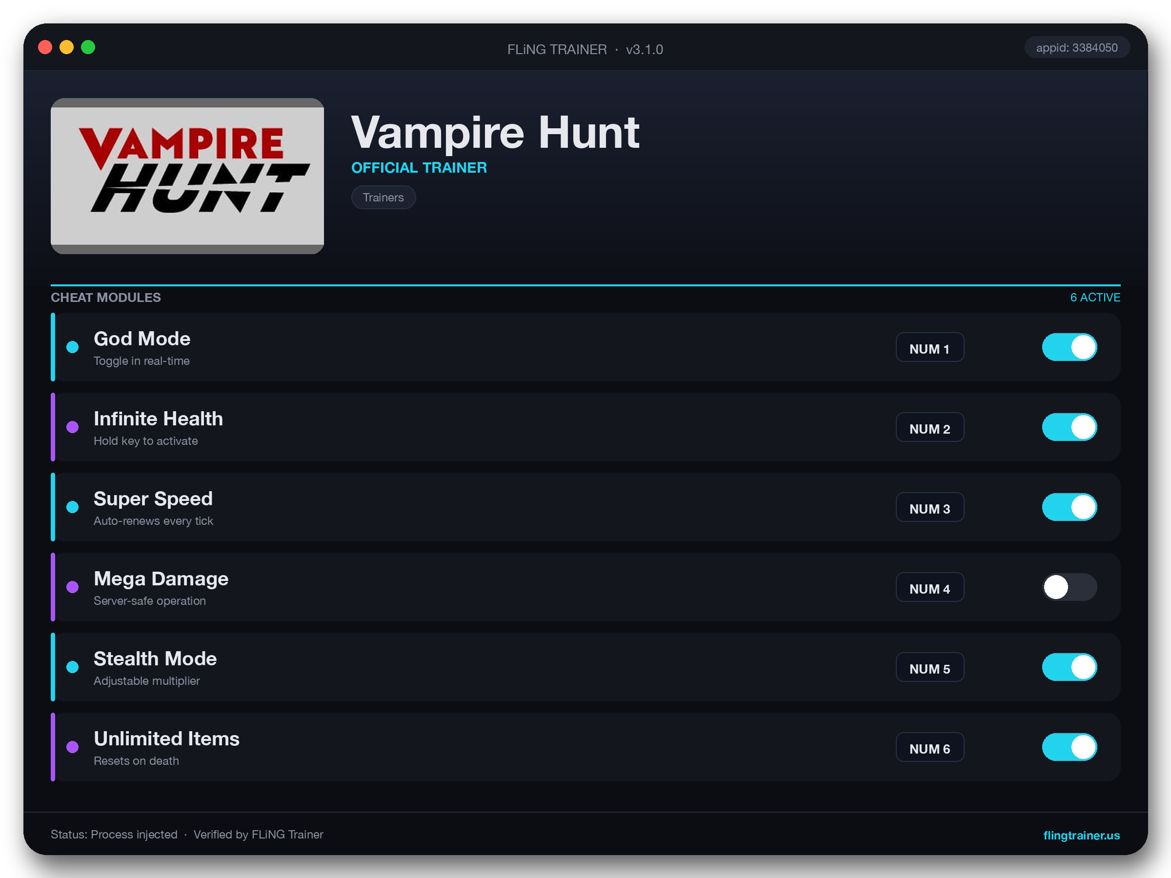 Vampire Hunt Trainer interface
