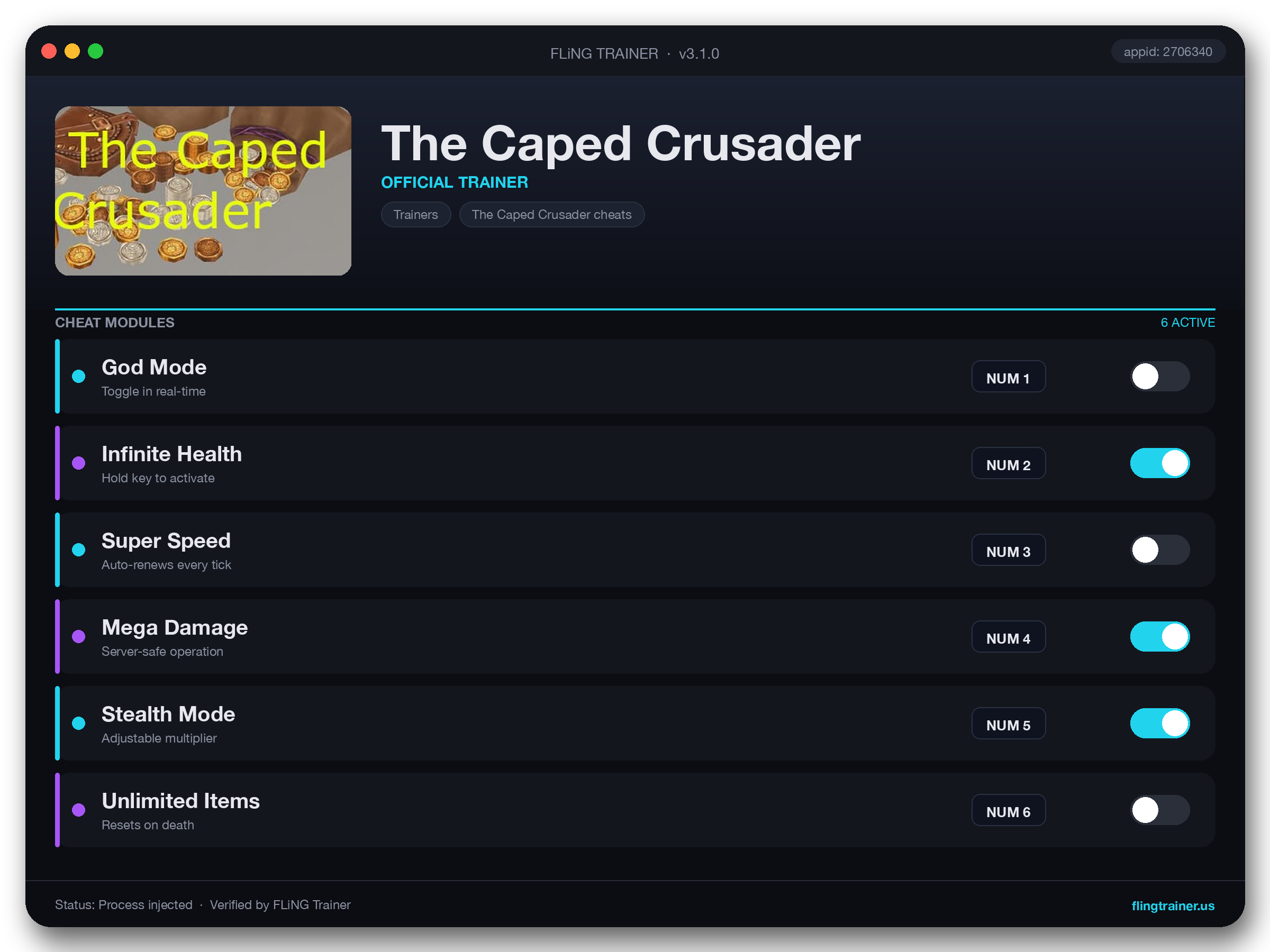 The Caped Crusader Trainer interface