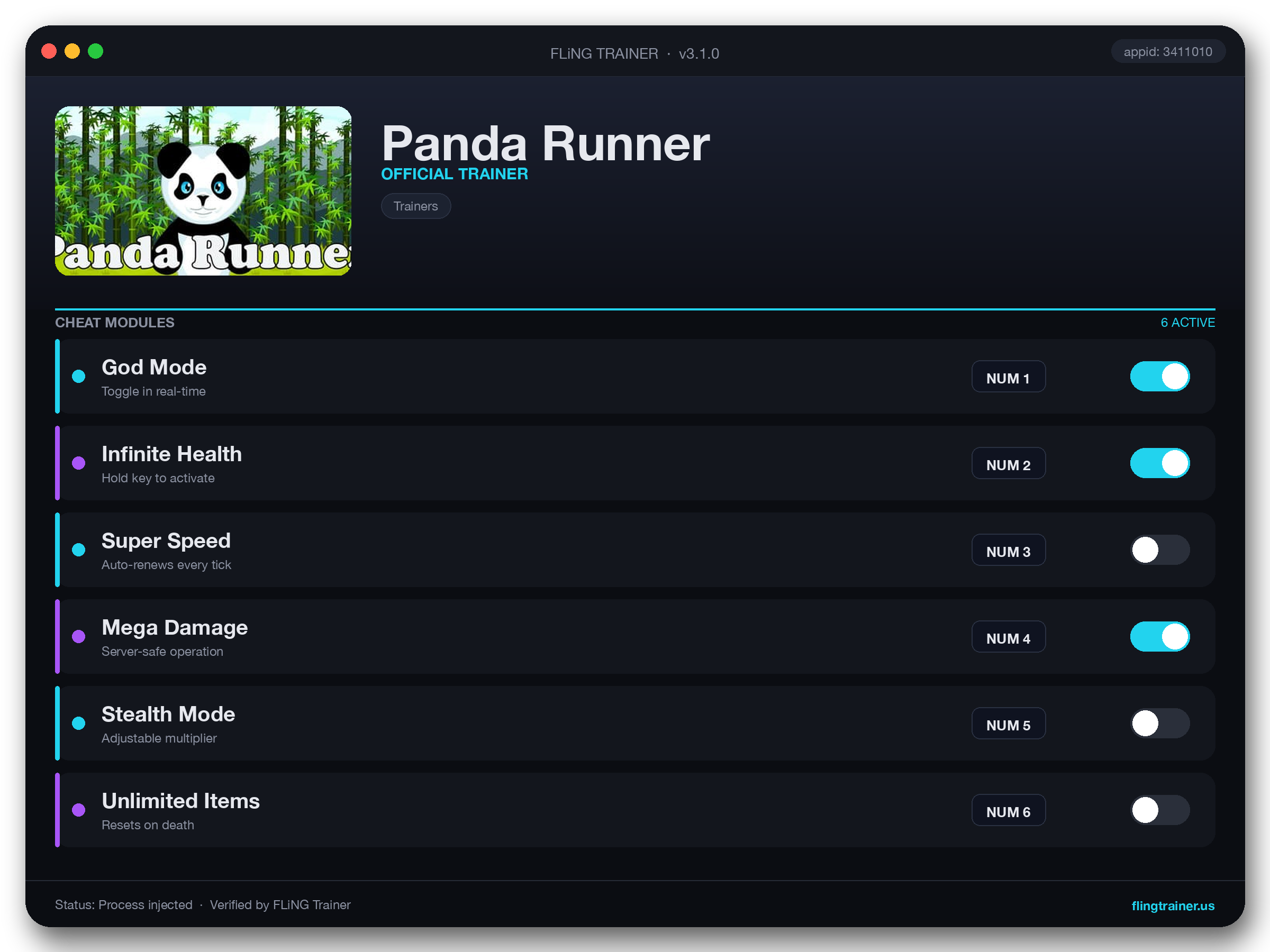 Panda Runner Trainer interface