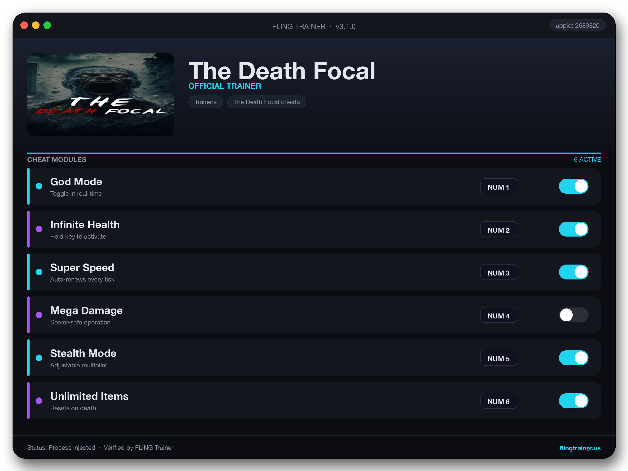 The Death Focal Trainer interface