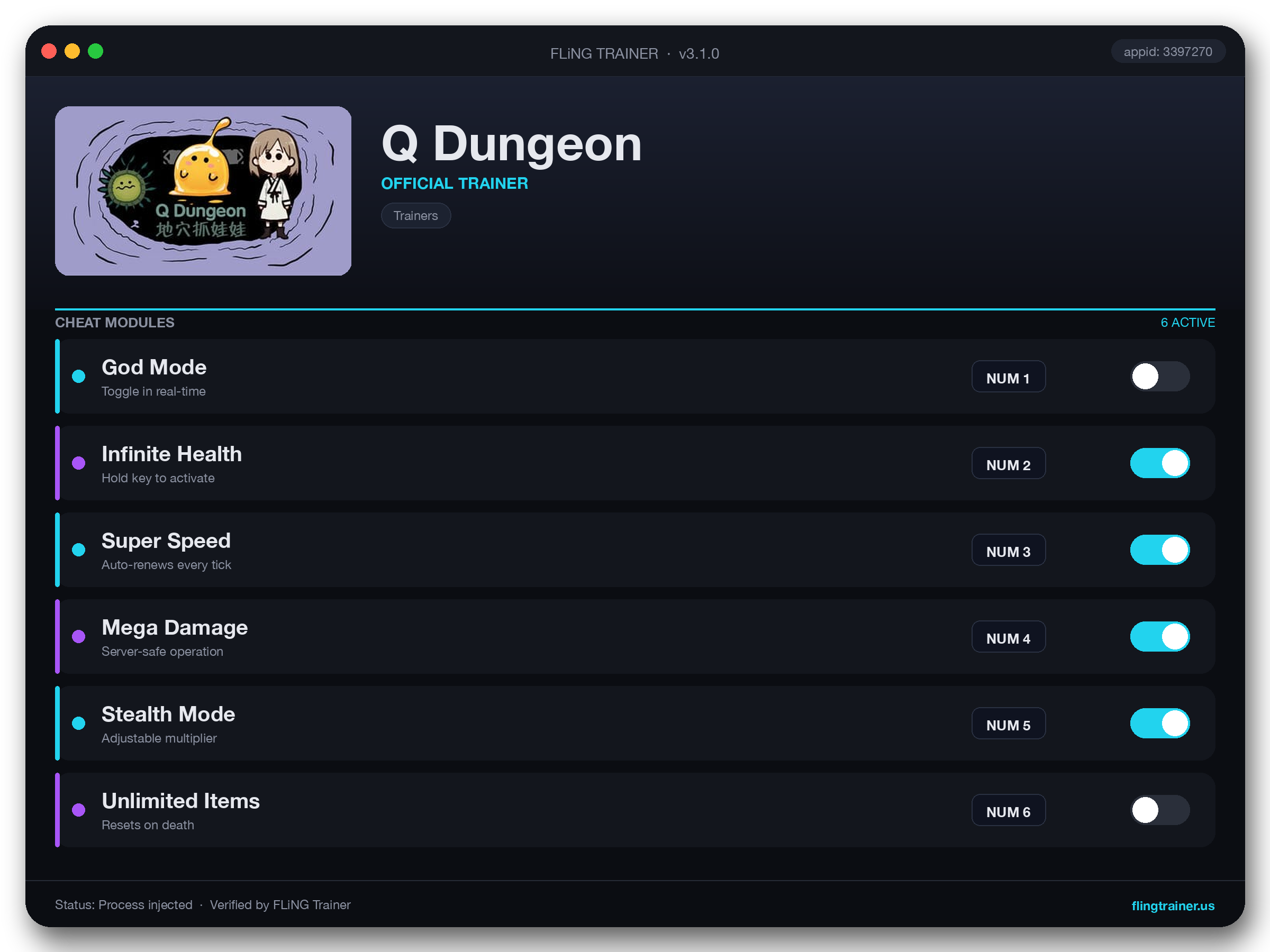 Q Dungeon Trainer interface
