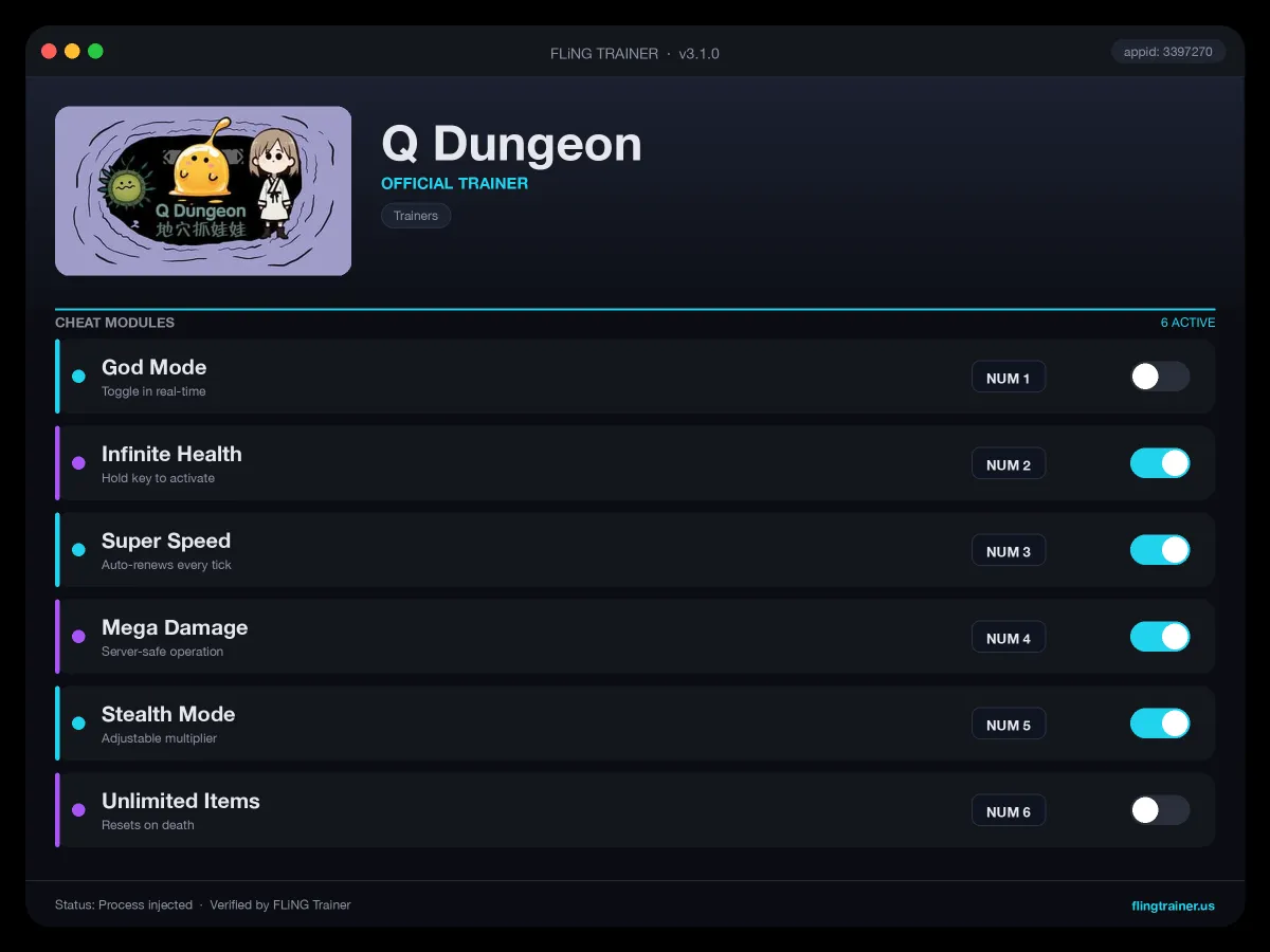 Q Dungeon Trainer interface