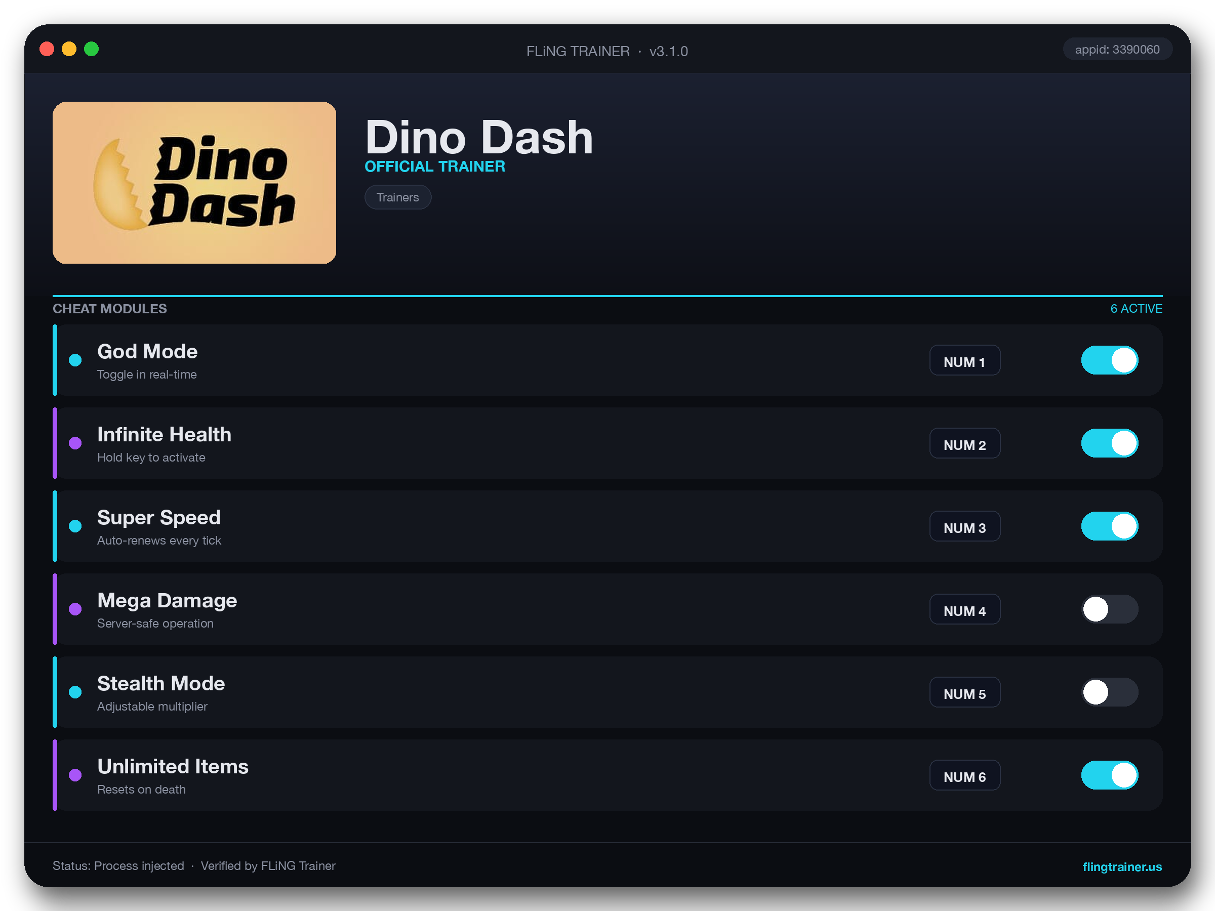 Dino Dash Trainer interface