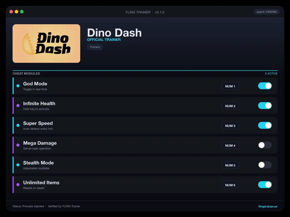 Dino Dash Trainer interface
