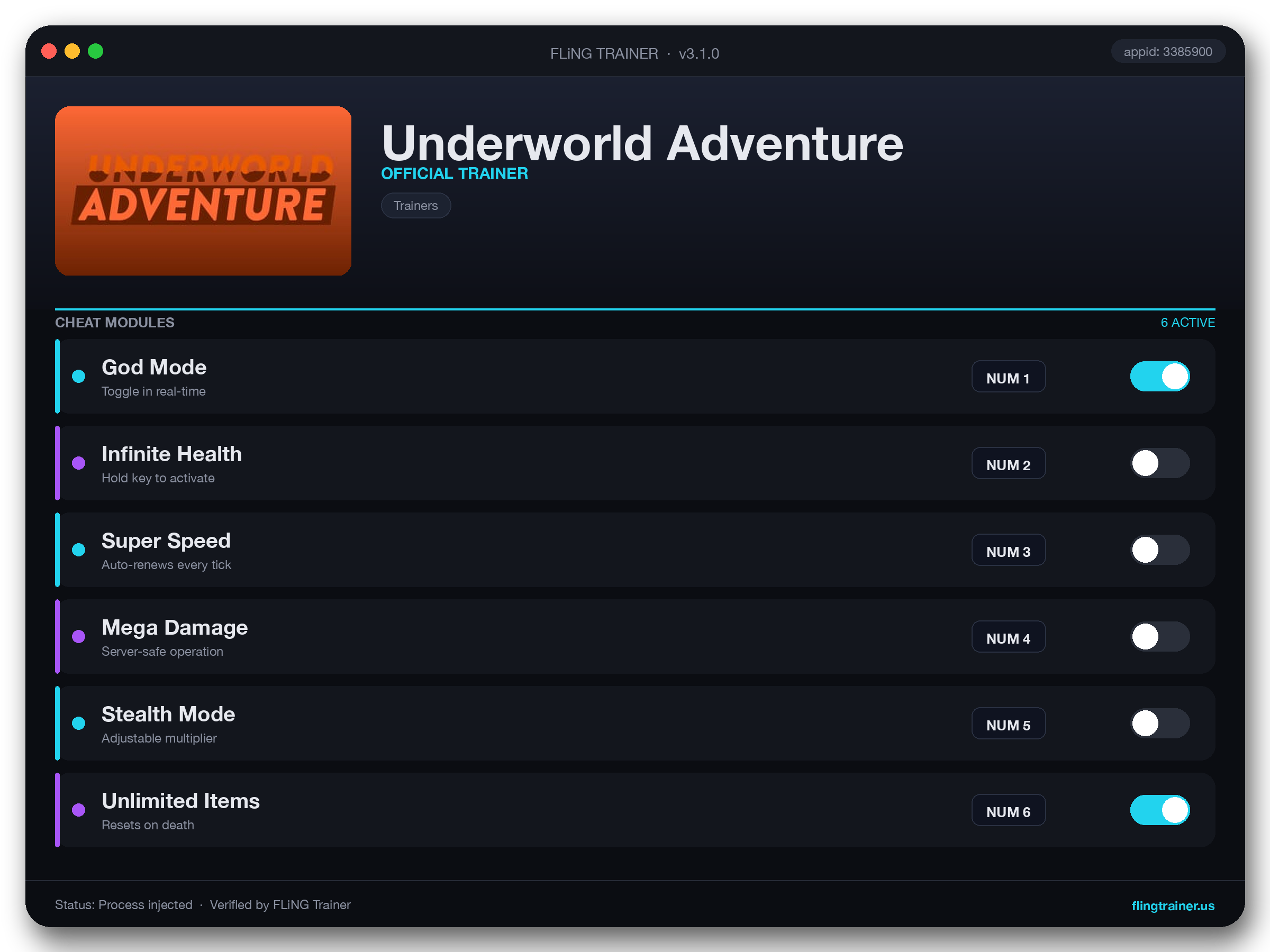 Underworld Adventure Trainer interface
