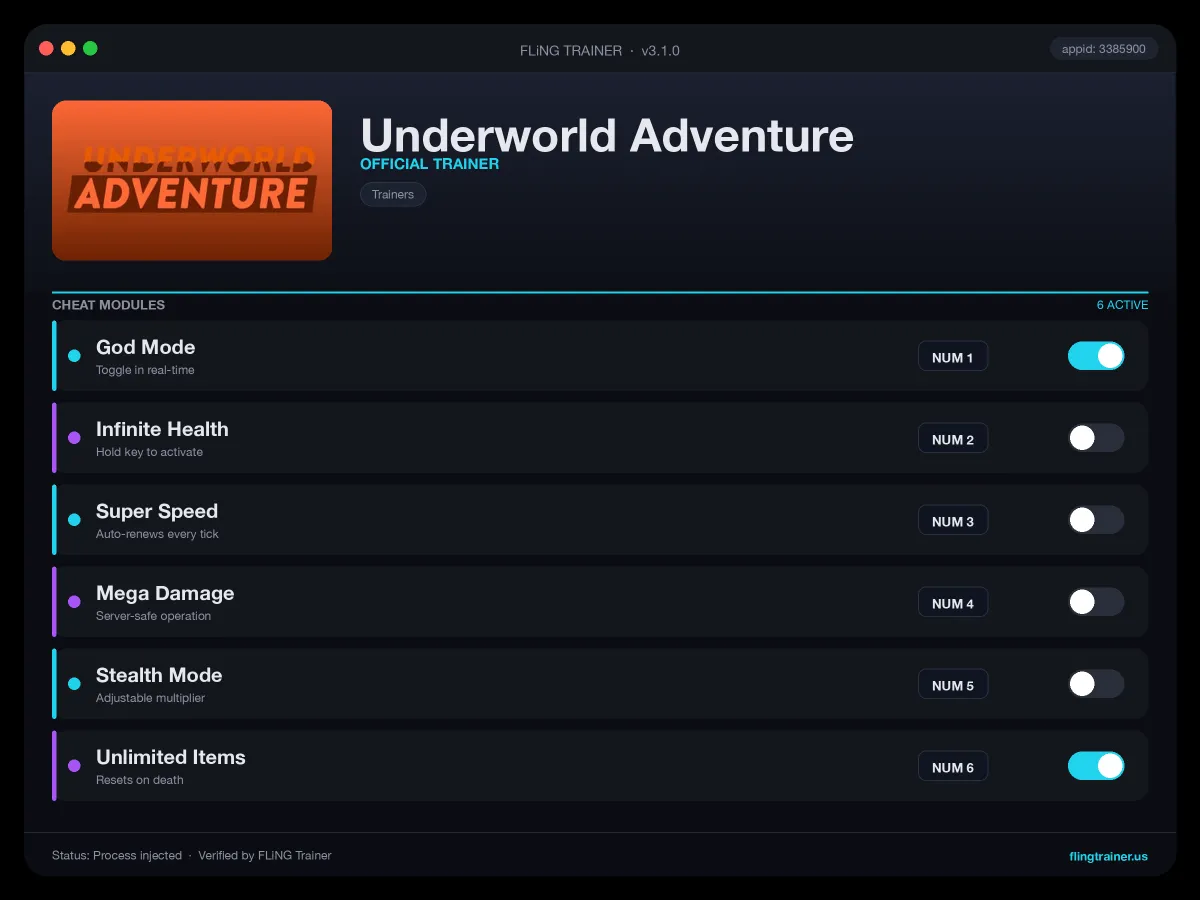 Underworld Adventure Trainer interface