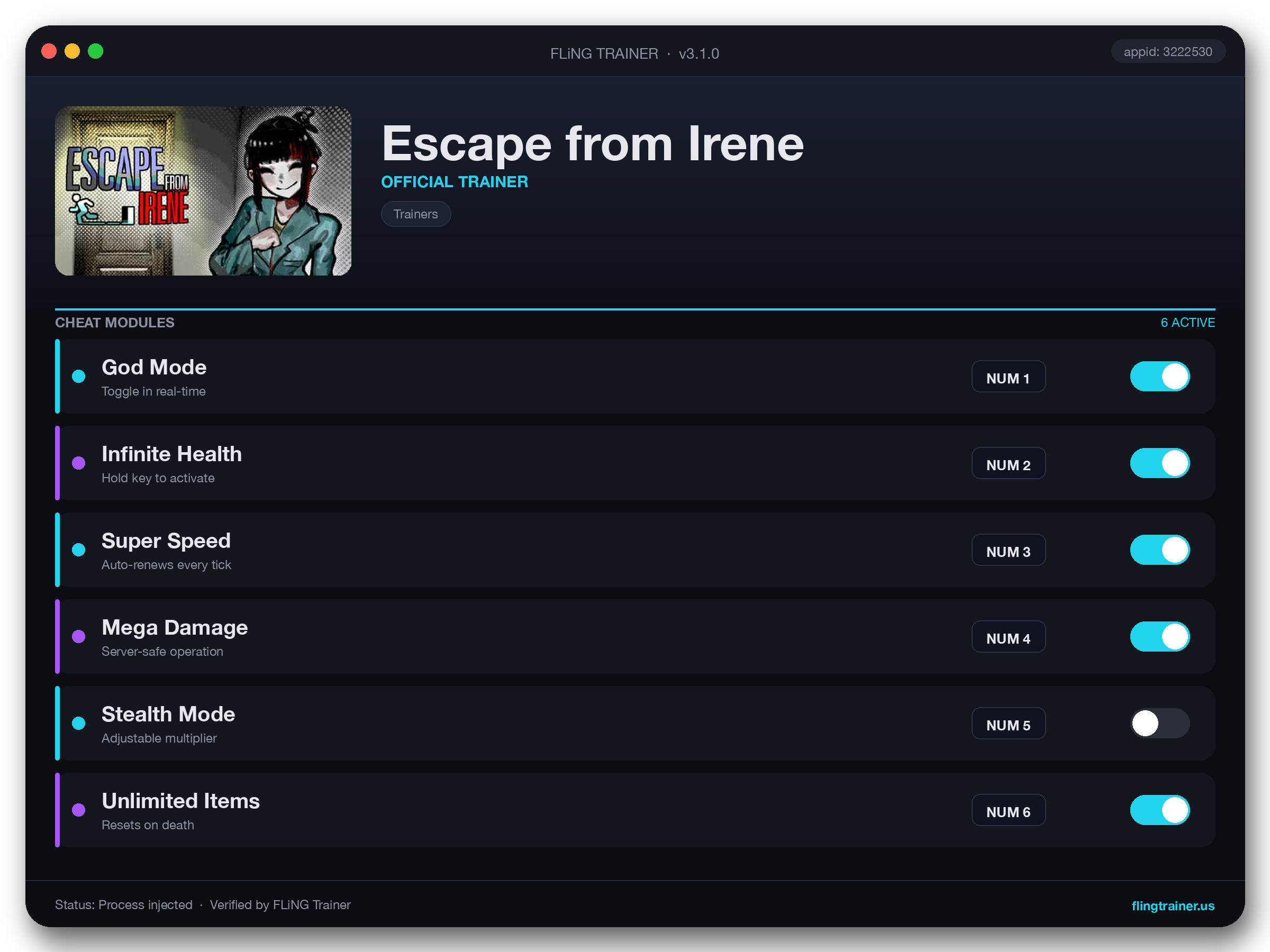 Escape from Irene Trainer interface