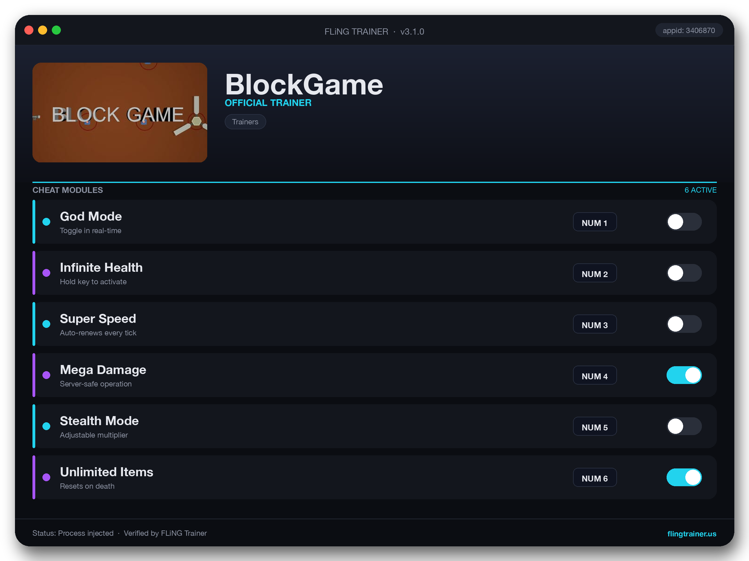 BlockGame Trainer interface