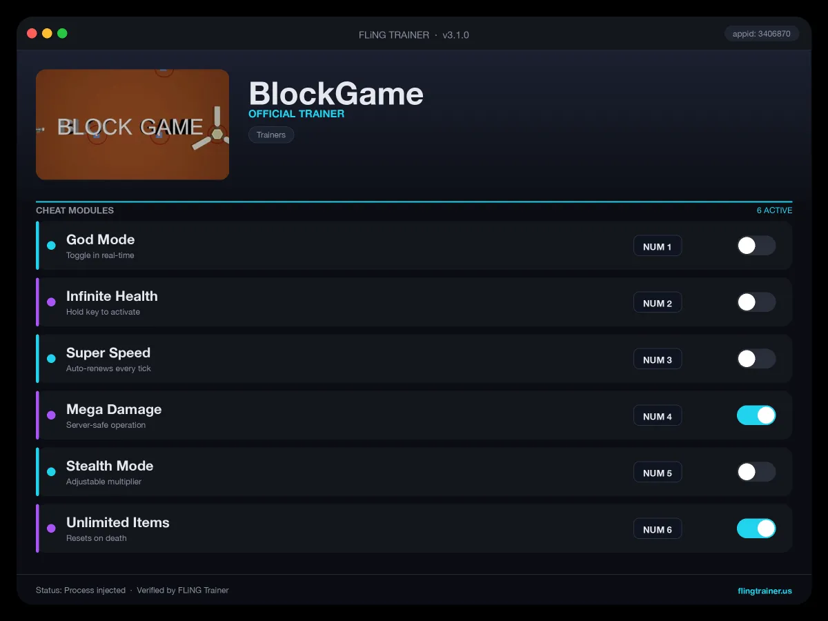 BlockGame Trainer interface