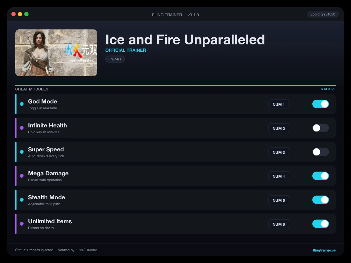 Ice and Fire Unparalleled Trainer interface