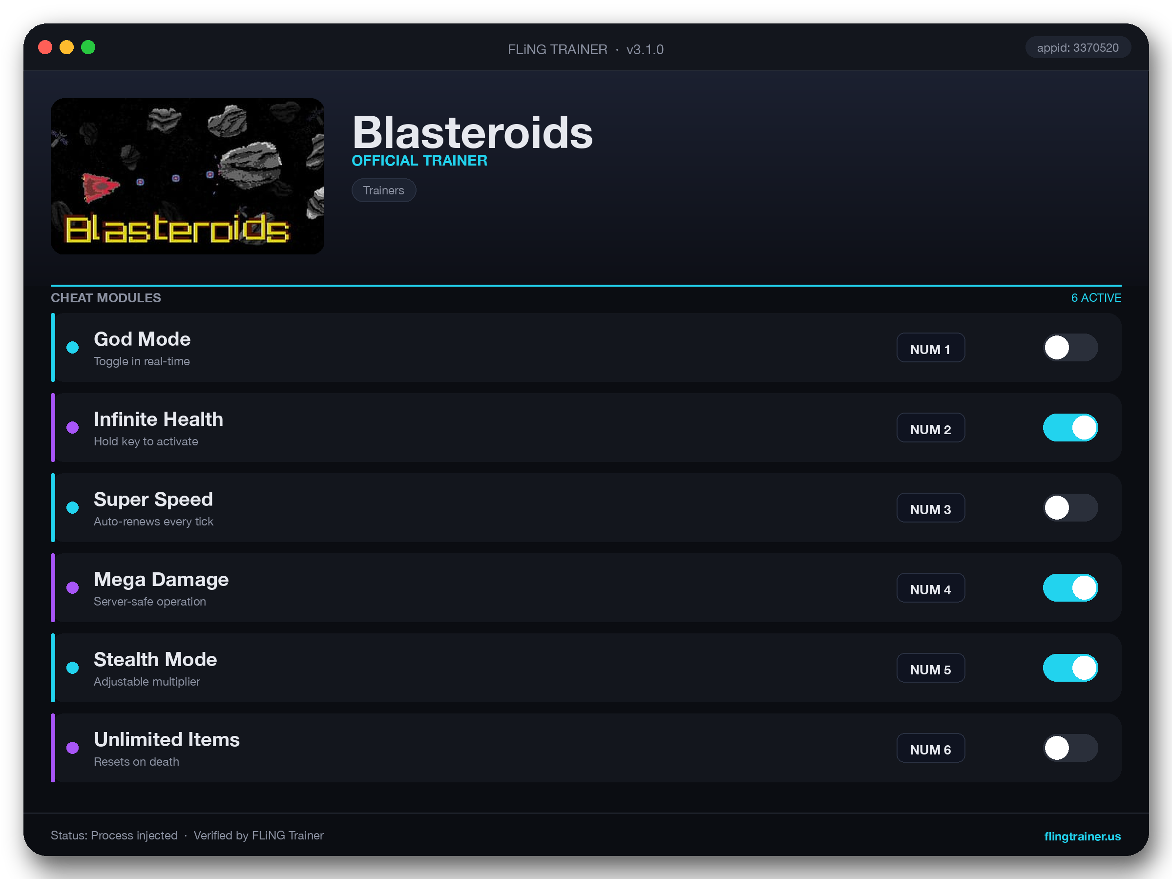 Blasteroids Trainer interface