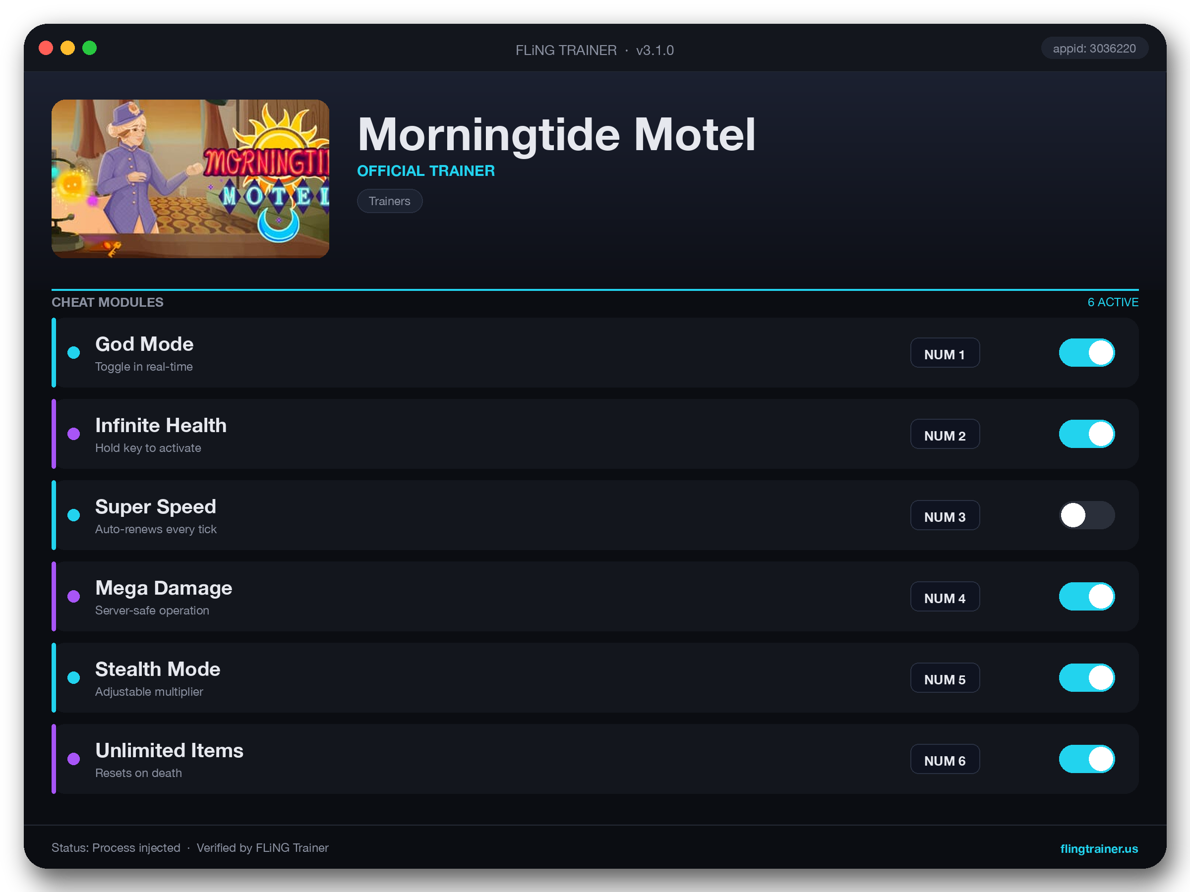 Morningtide Motel Trainer interface