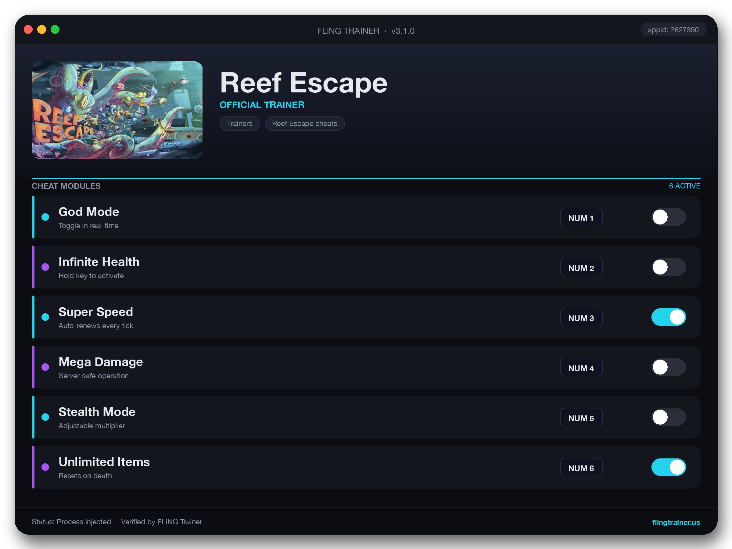 Reef Escape Trainer interface