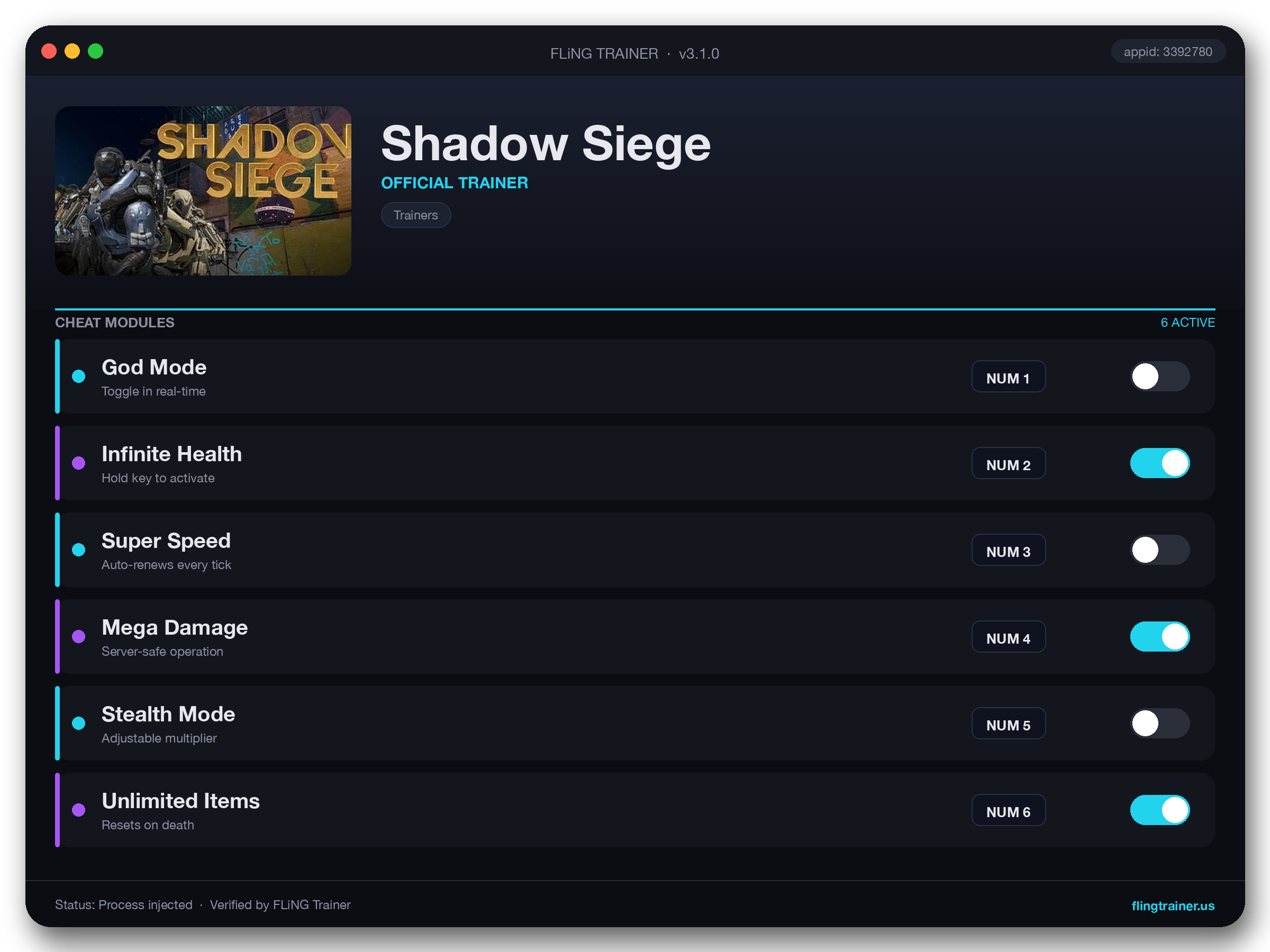 Shadow Siege Trainer interface