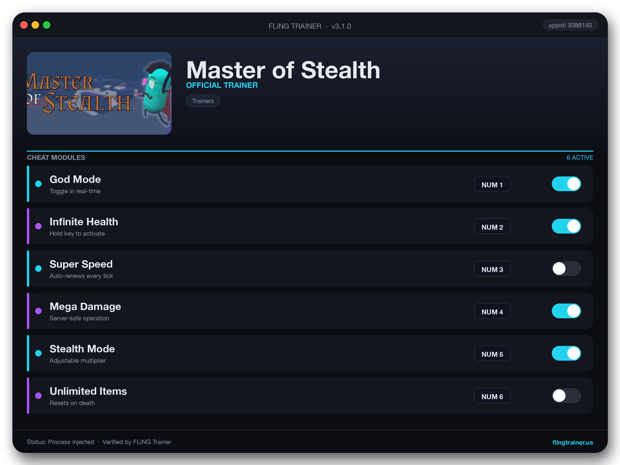 Master of Stealth Trainer interface
