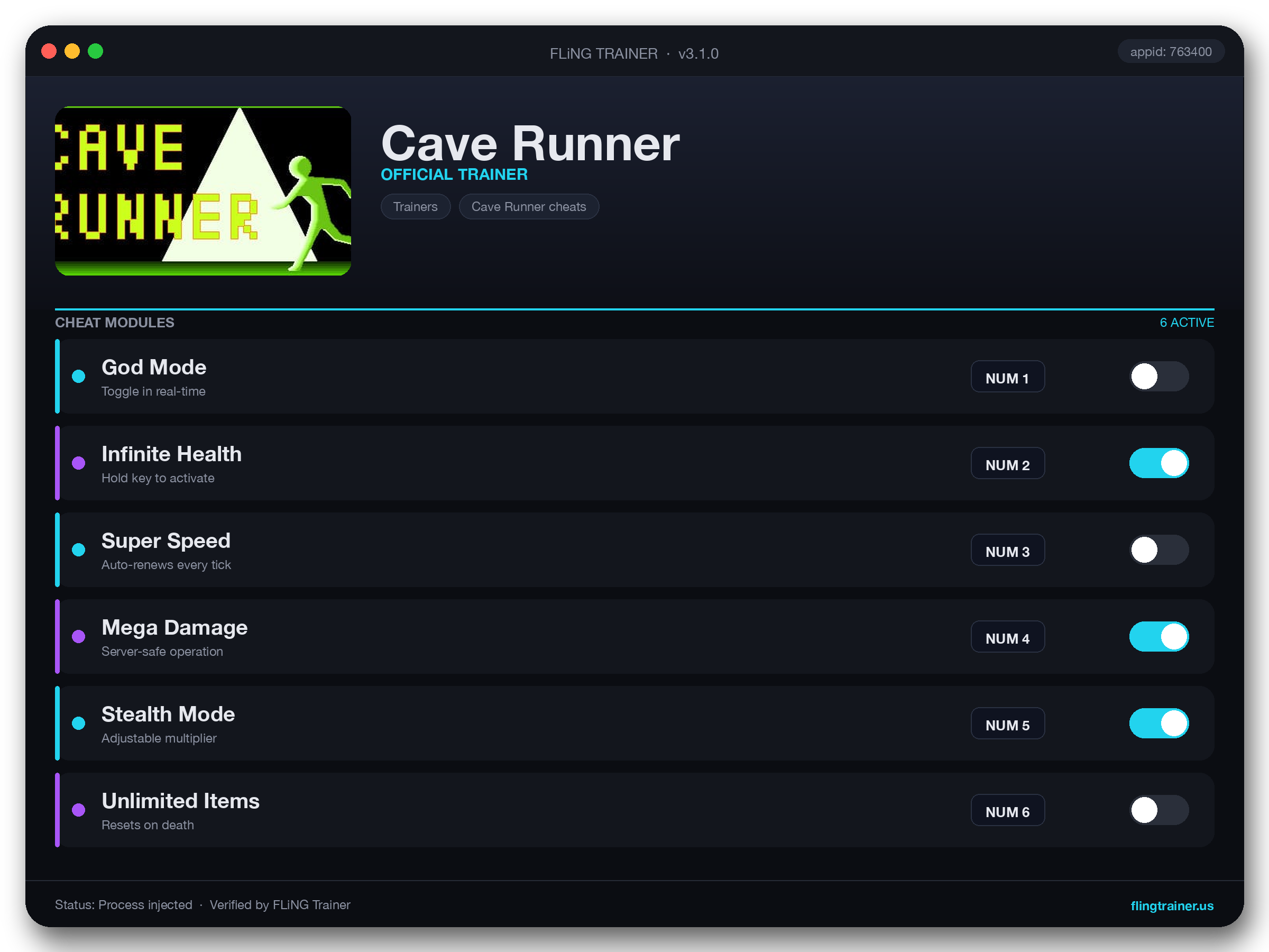Cave Runner Trainer interface