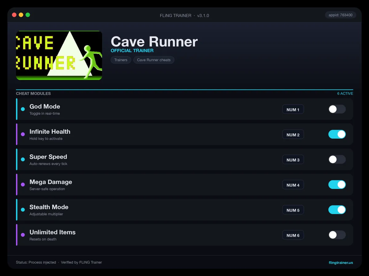 Cave Runner Trainer interface