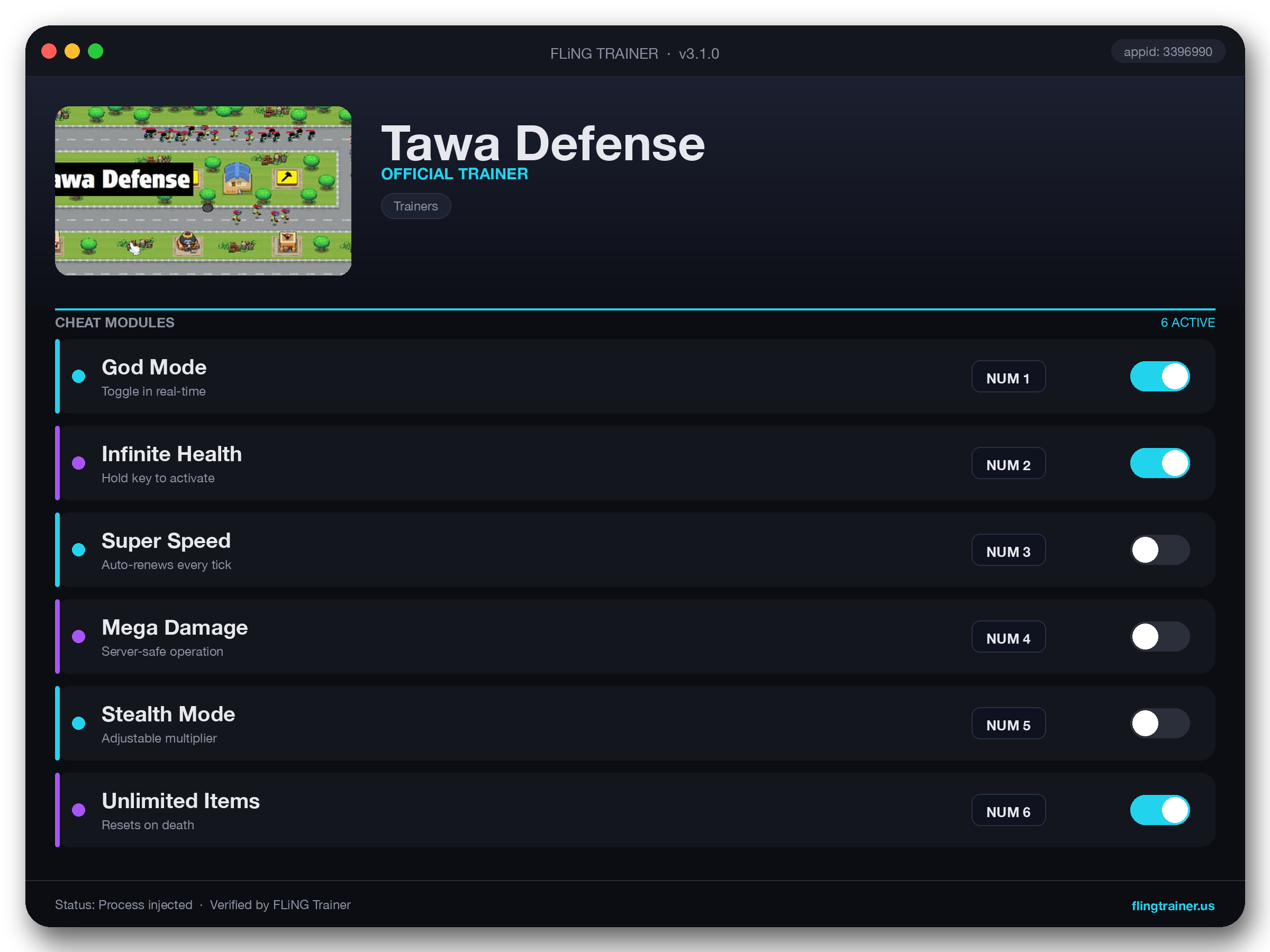 Tawa Defense Trainer interface