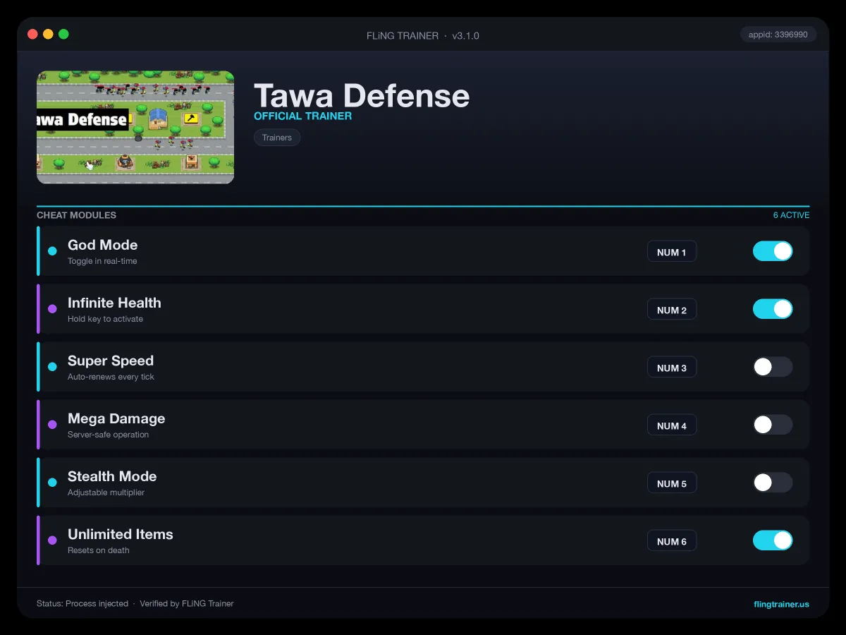 Tawa Defense Trainer interface