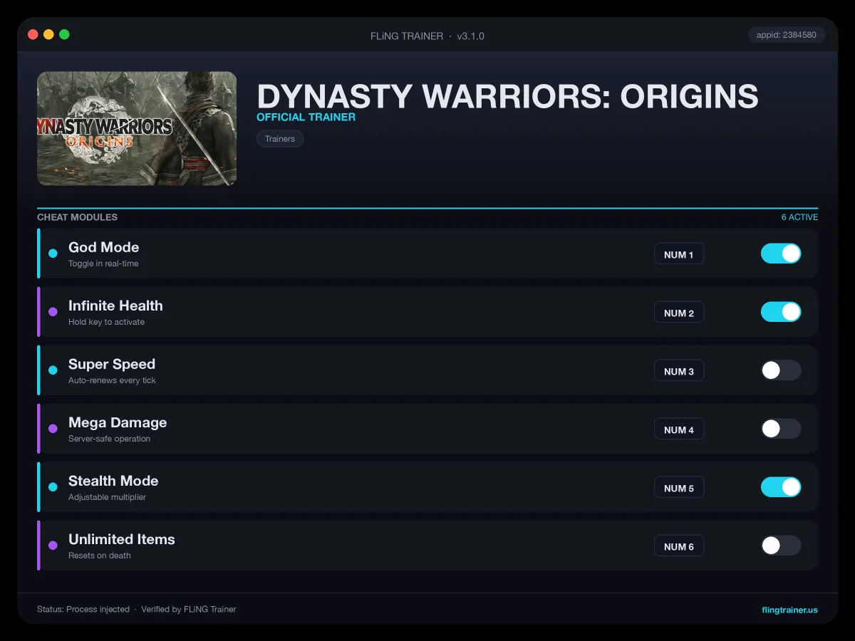 DYNASTY WARRIORS: ORIGINS Trainer interface