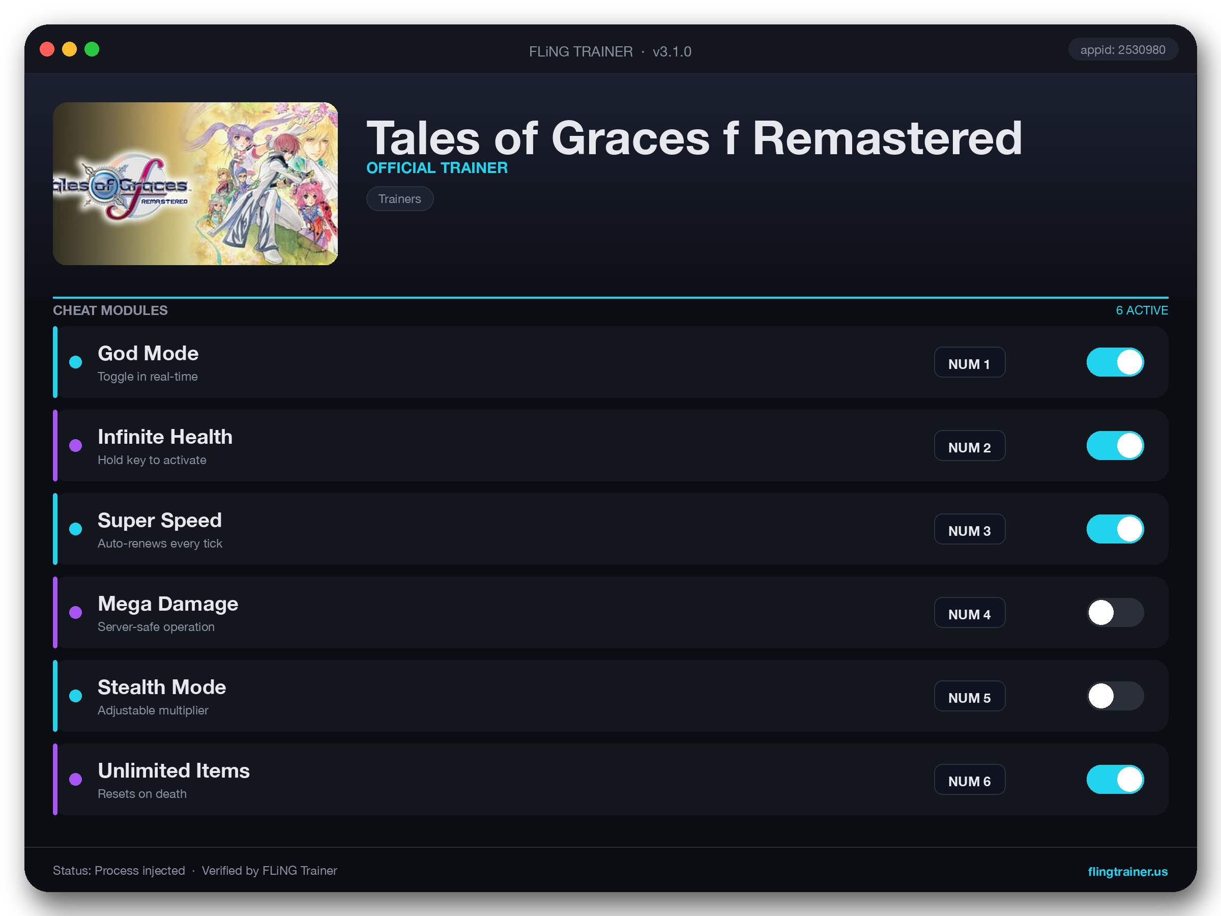 Tales of Graces f Remastered Trainer interface