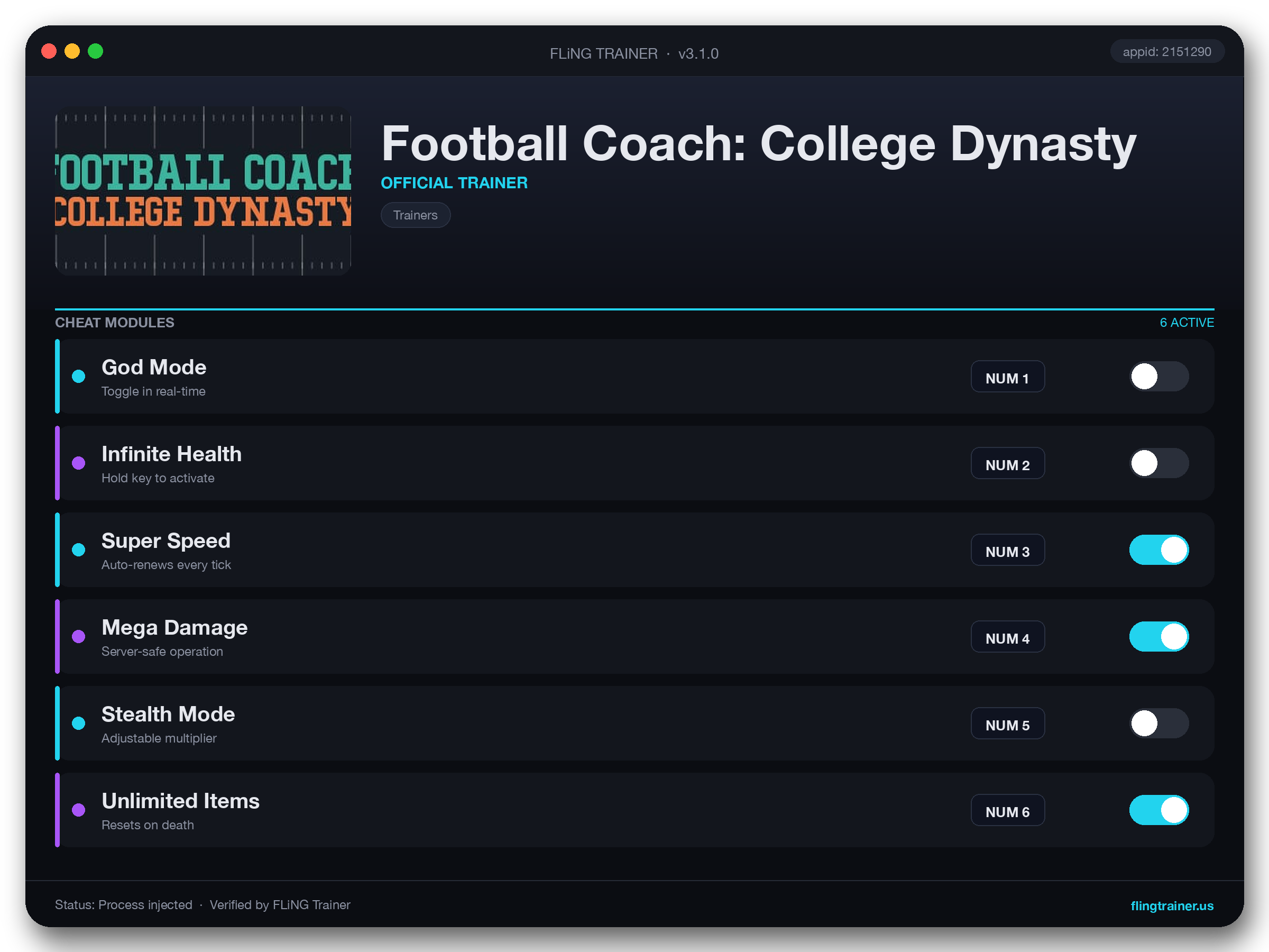 Football Coach: College Dynasty Trainer interface