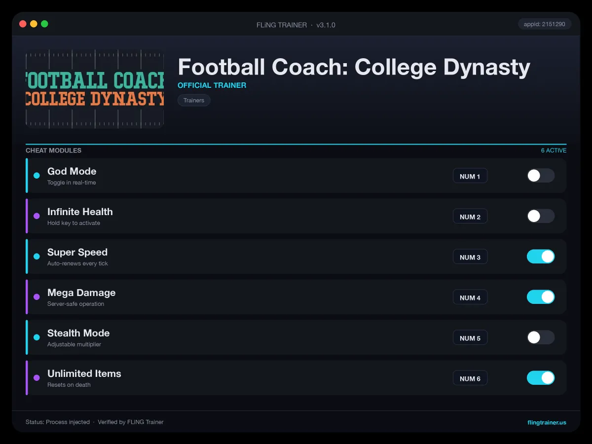 Football Coach: College Dynasty Trainer interface