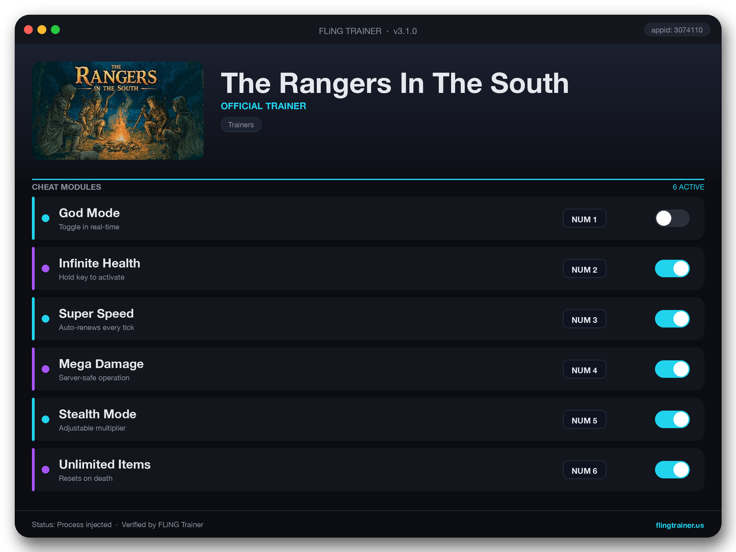 The Rangers In The South Trainer interface