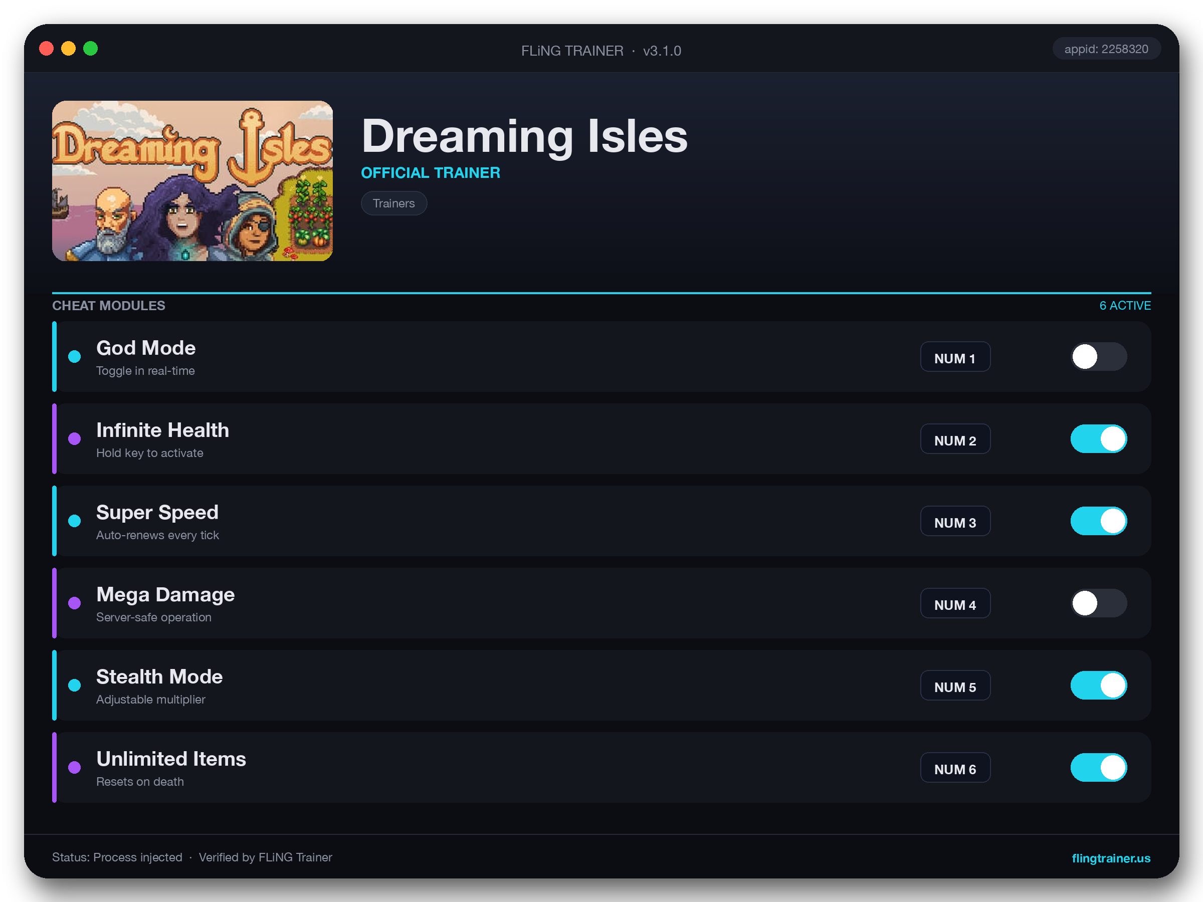 Dreaming Isles Trainer interface
