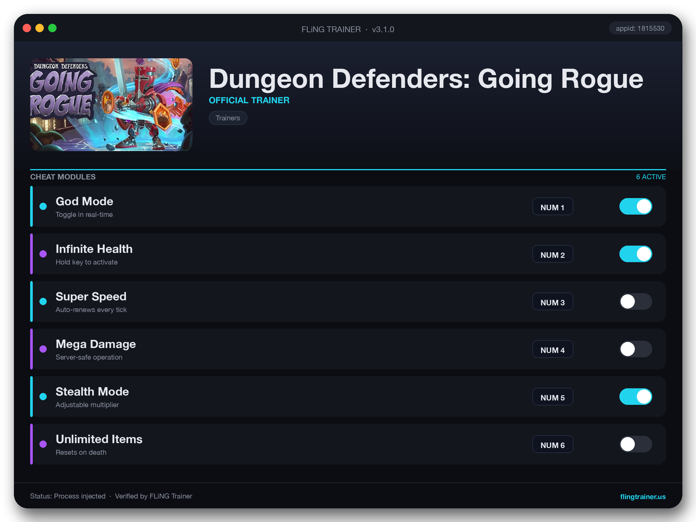 Dungeon Defenders: Going Rogue Trainer interface