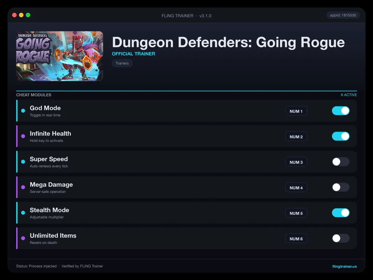 Dungeon Defenders: Going Rogue Trainer interface