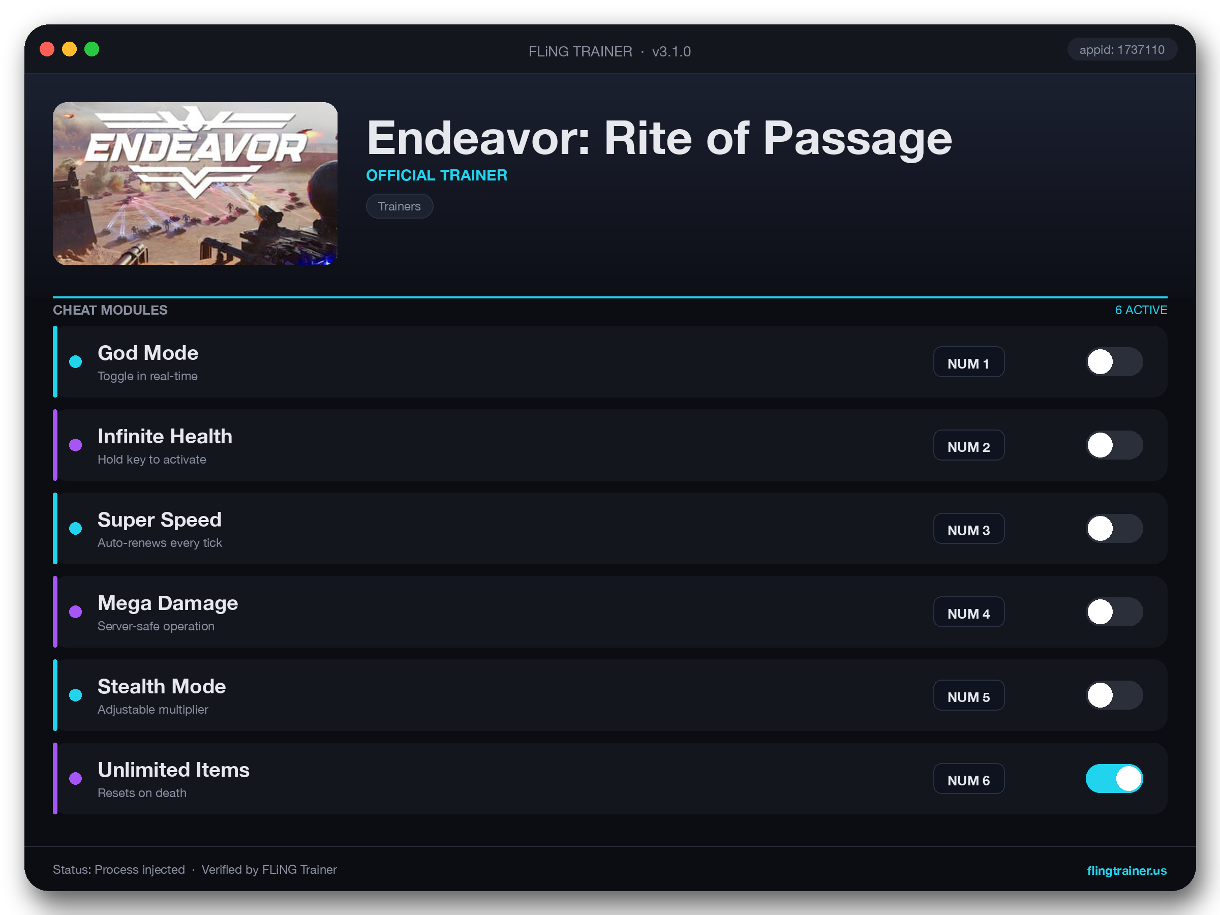 Endeavor: Rite of Passage Trainer interface
