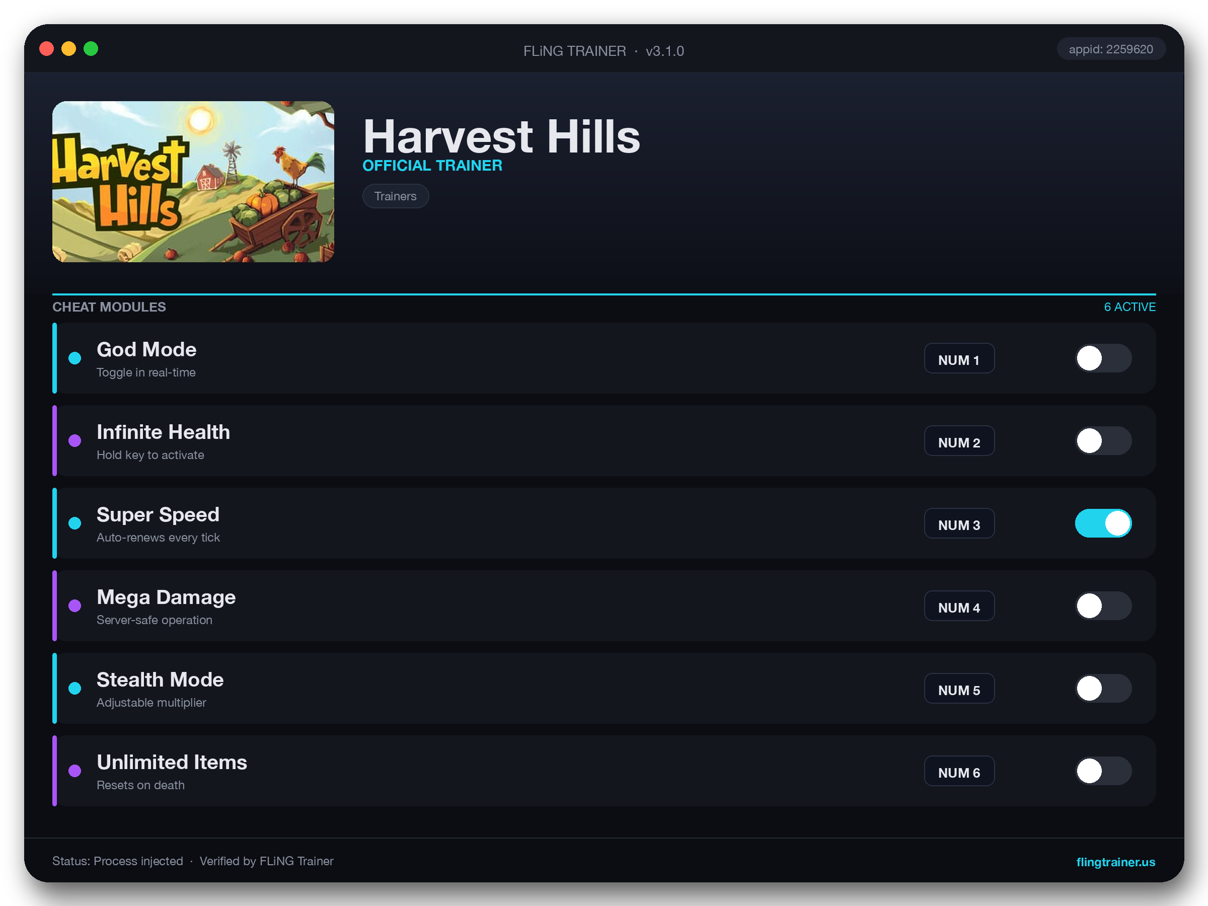 Harvest Hills Trainer interface