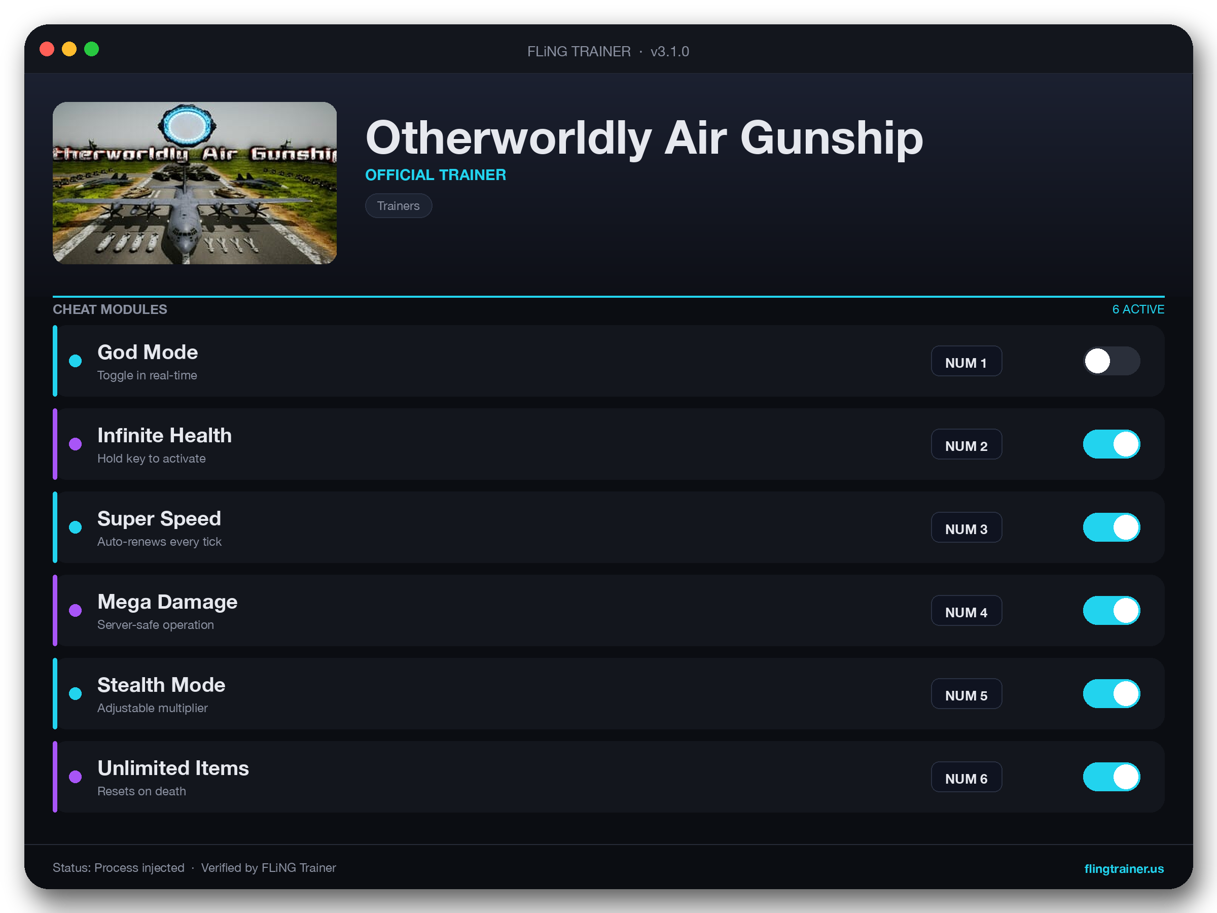 Otherworldly Air Gunship Trainer interface