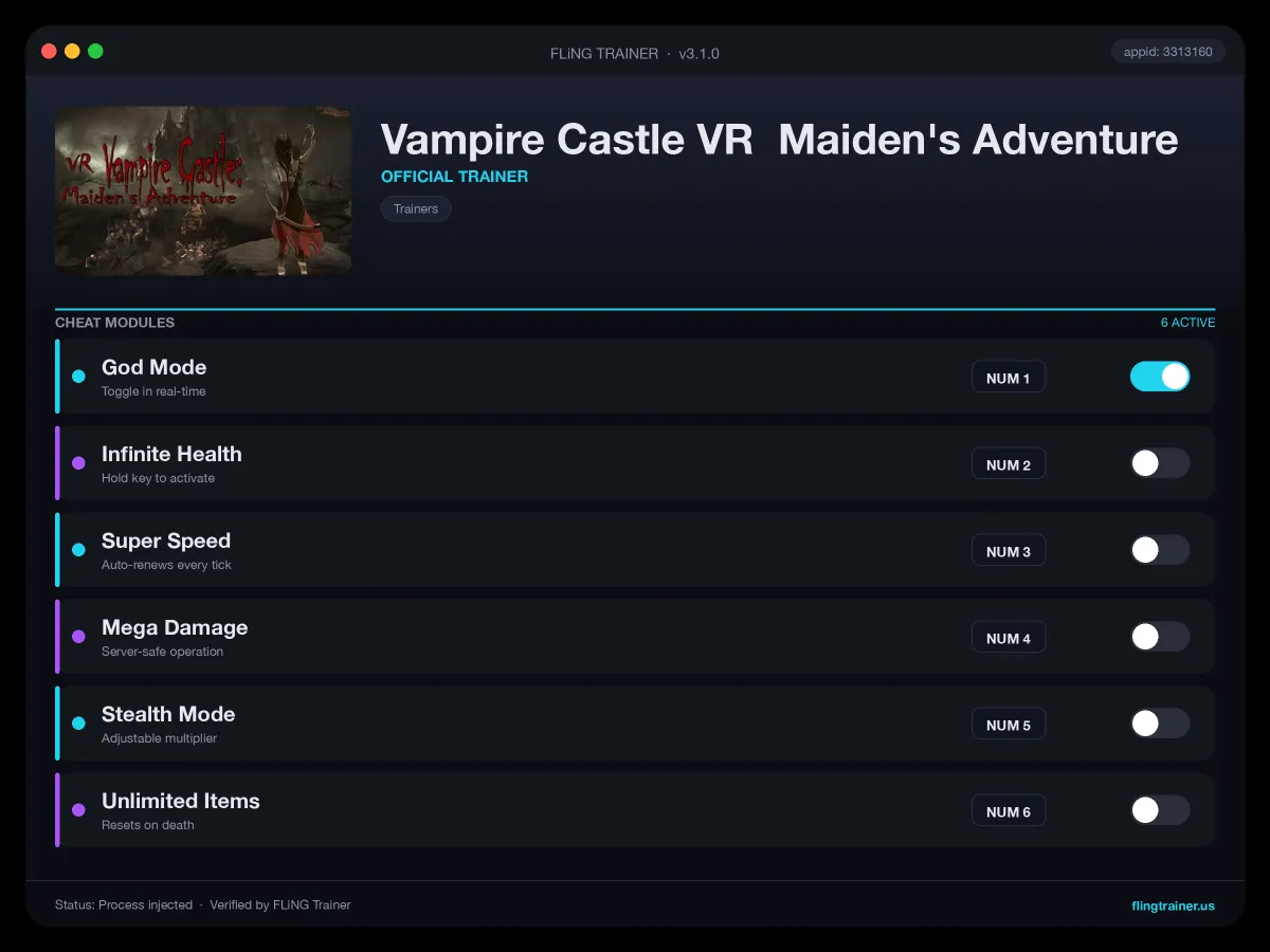 Vampire Castle VR Maiden's Adventure Trainer interface