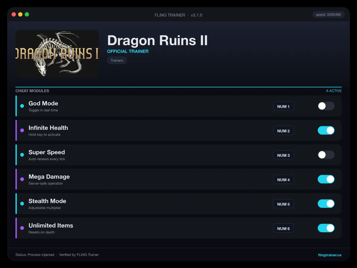 Dragon Ruins II Trainer interface