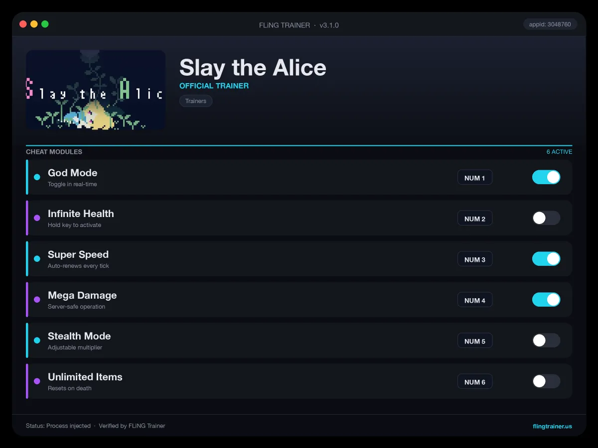 Slay the Alice Trainer interface