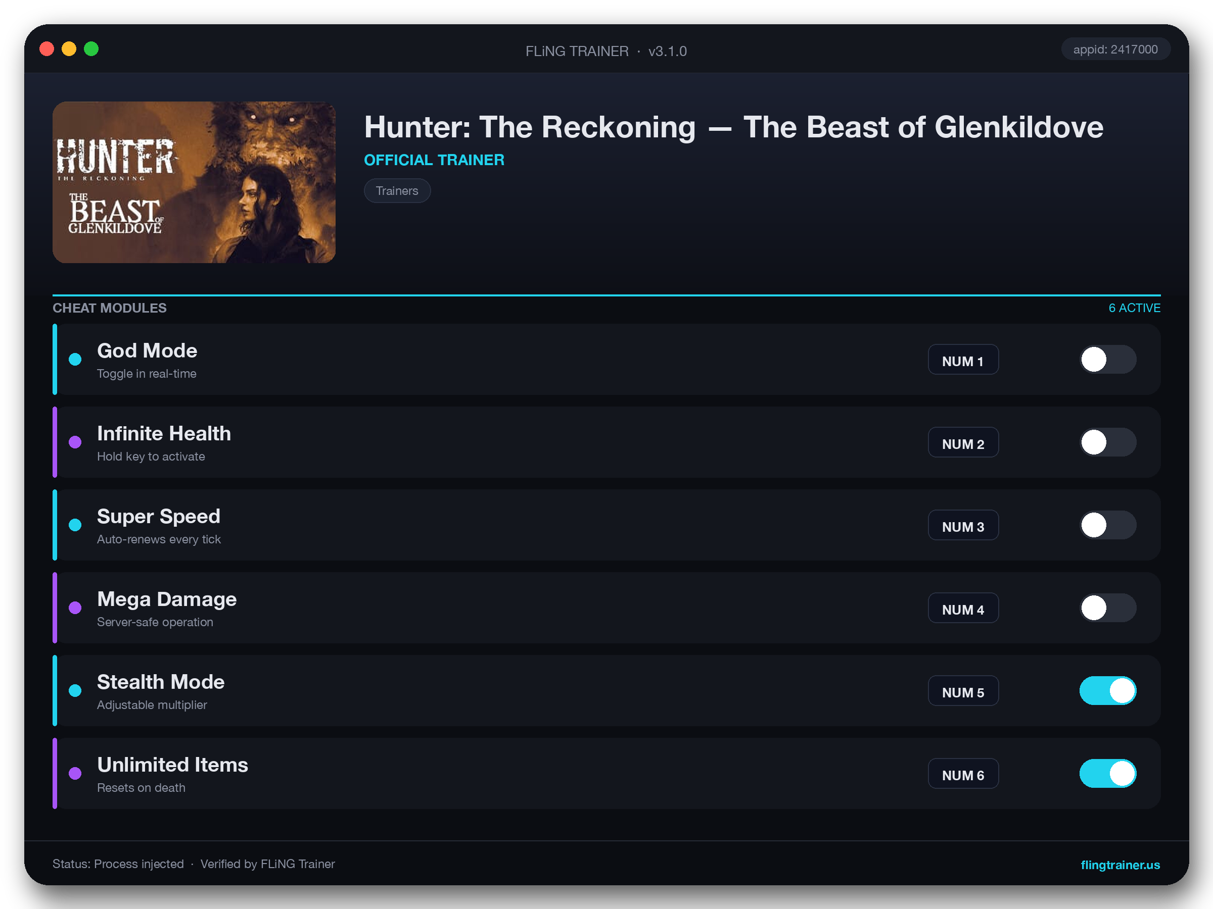 Hunter: The Reckoning — The Beast of Glenkildove Trainer interface