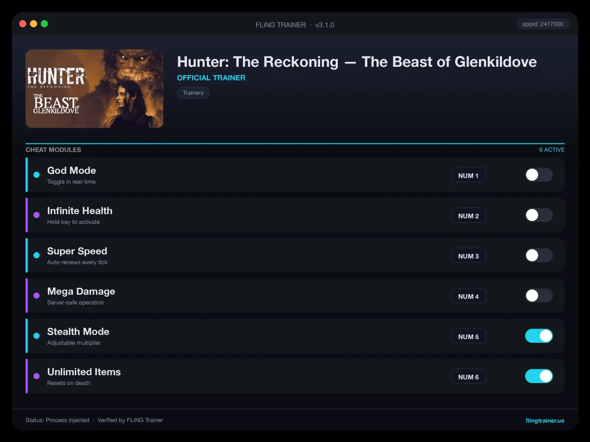 Hunter: The Reckoning — The Beast of Glenkildove Trainer interface